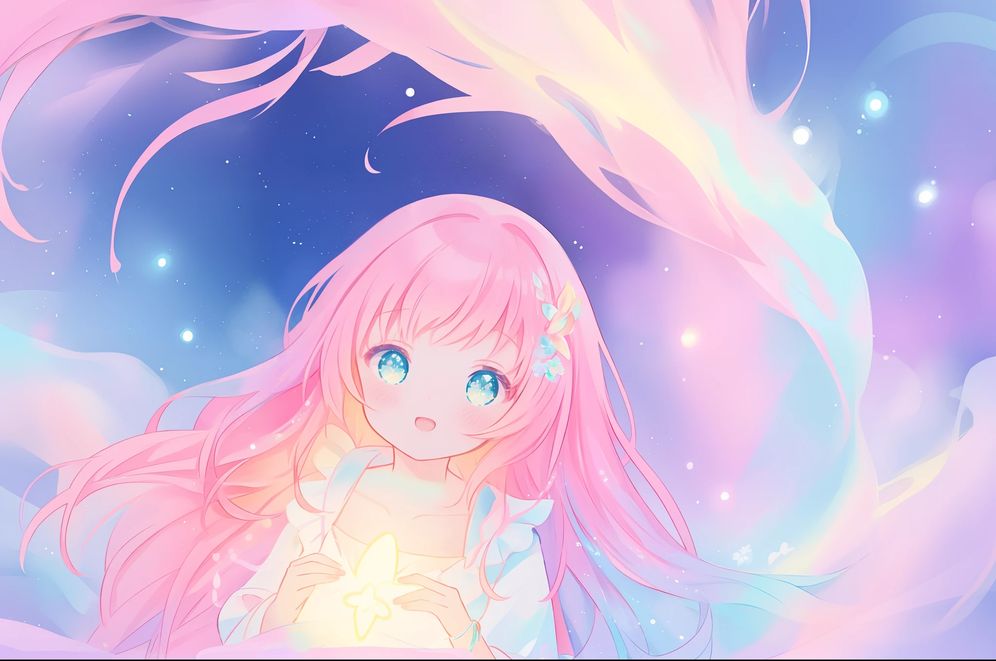 beautiful anime girl, portrait, vibrant pastel colors, (colorful), magical lights, long flowing colorful hair, inspired by Glen Keane, inspired by Lois van Baarle, disney art style, by Lois van Baarle, glowing aura around her, by Glen Keane, jen bartel, glowing lights! digital painting, flowing glowing hair, glowing flowing hair, beautiful digital illustration, fantasia background, whimsical, magical, fantasy, beautiful face, ((masterpiece, best quality)), intricate details, highly detailed, sharp focus, 8k resolution, sparkling detailed eyes, liquid watercolor
