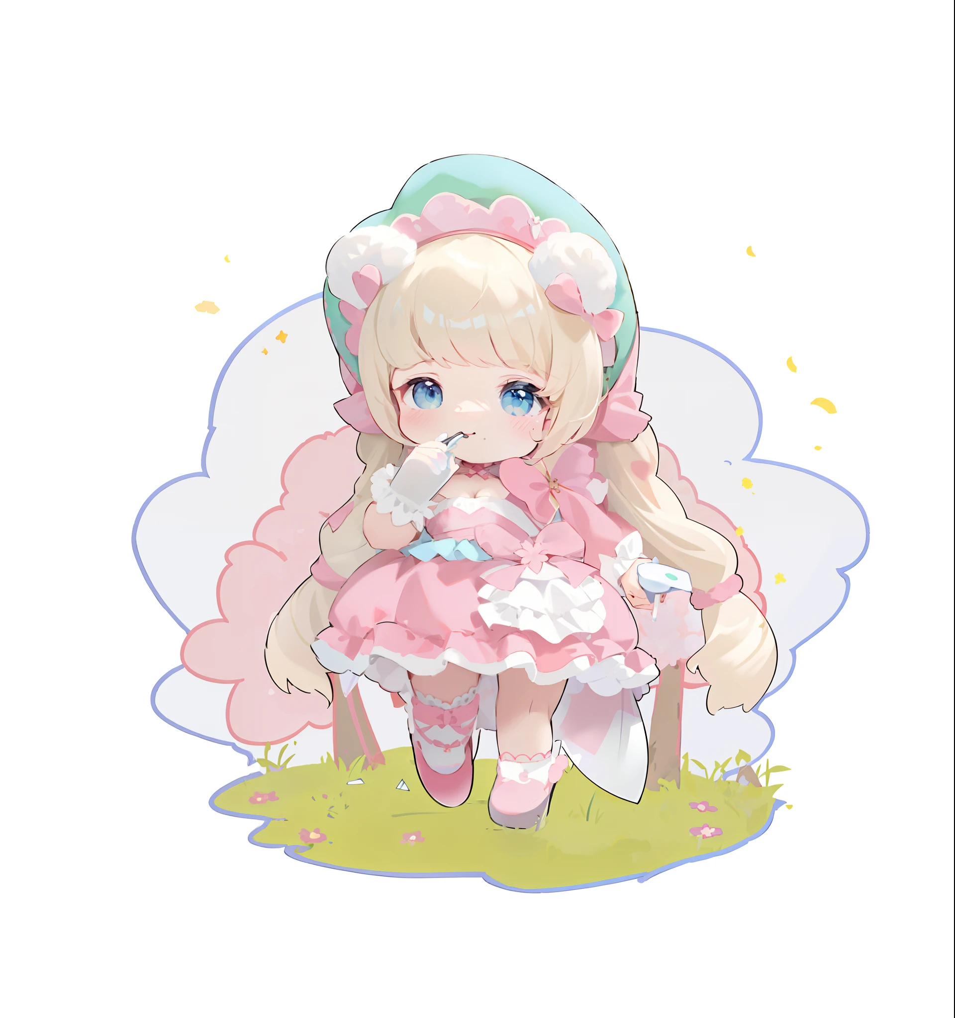 Lori huge breasts cleavage ,Lolita prostitute, cute character, , spoon pear slim loli figure,lalafell, small loli girl, 2D，Two-dimensional，anime big breast，Celluloid，k hd，8K，Little angels，Slip dress，There is a hat on the head，illustratio，Cherry blossom elements，Background with，Standing card，Cute scene illustration，Cherry blossom tree meadow，Blue sky