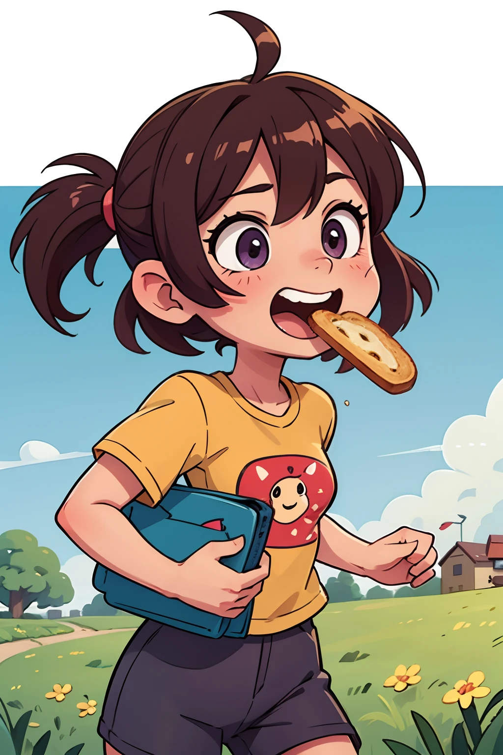 longshot、Kawaii Girl、A cartoonish situation where you run while chewing bread