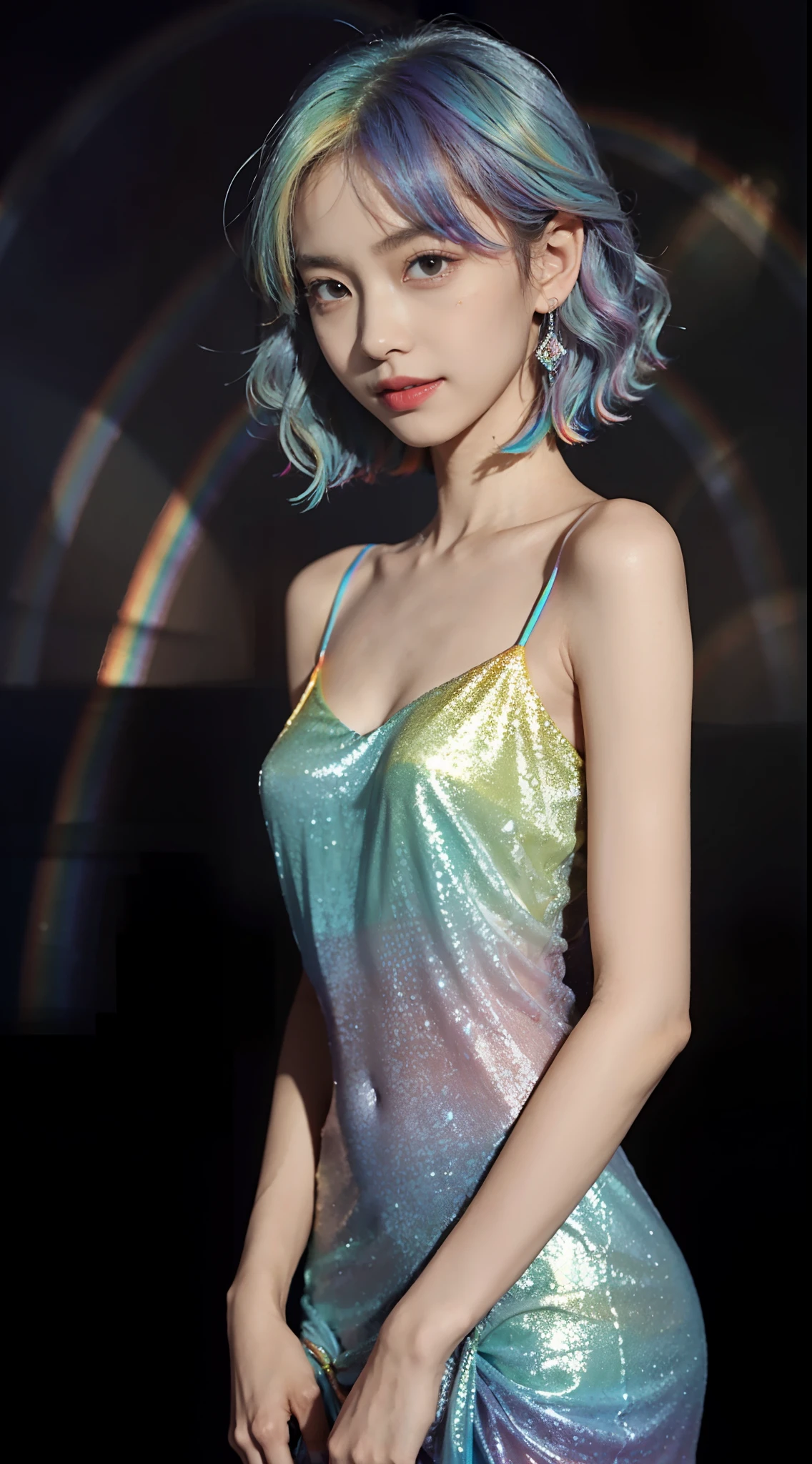 small head, (perfect bodies: 1.1), (short-length straight neat short hair: 1.2),(rainbow color hair:1.5) ,（极其细致的CG 8k壁纸），（Extremely refined and beautiful），（masterpiece:1.8），（best qualtiy：1.0），（超高分辨率：1.0），upper body，[A high resolution]，cheerfulness，Smile，Smooth and flawless fair skin，ultra - detailed,(Small breasts:1.1),Flat chest,Slim,thin,(Gorgeous Rainbow Princess Evening Dress:1.5),jewels,Teal background,from front，(Close shot:1.3),cowboy shot,(upperbody:1.3),bare shoulder,shoulder off,bare back,no bra,(navel:1.3),(portrait:1.3),Huge skirt hem