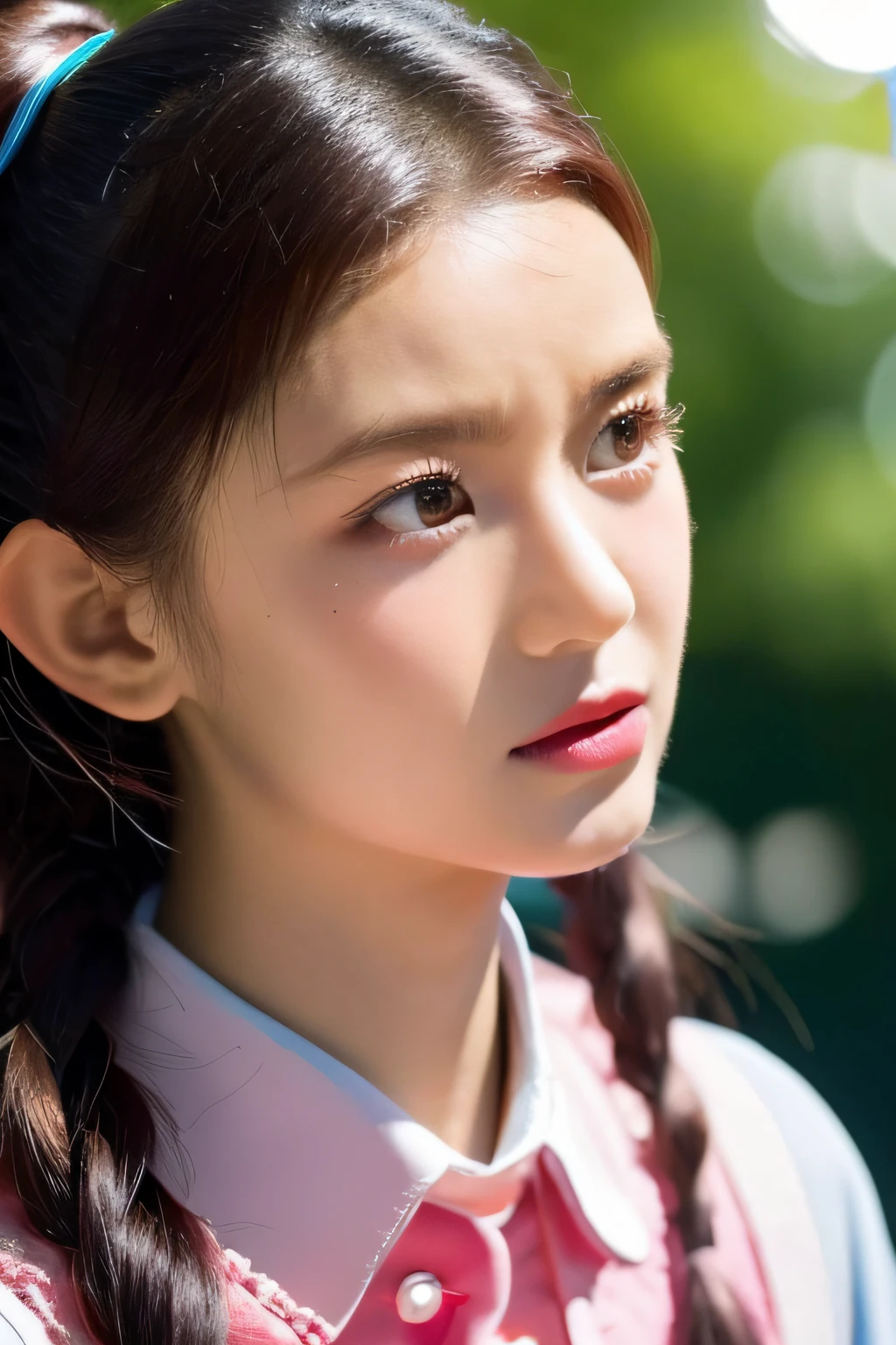 a closeup, masterpiece, top-quality, Raw foto, Photorealsitic, ((Looking down at the camera))、unbelievable Ridiculous, beautiful a girl, poneyTail, Pink dress、Puffing out cheeks angrily, depth of fields, hight resolution, ultra-detailliert, finely detail, ighly detailed, extremely detailed eye and face, Sharp pupils, foco nítido, Cinematic lighting