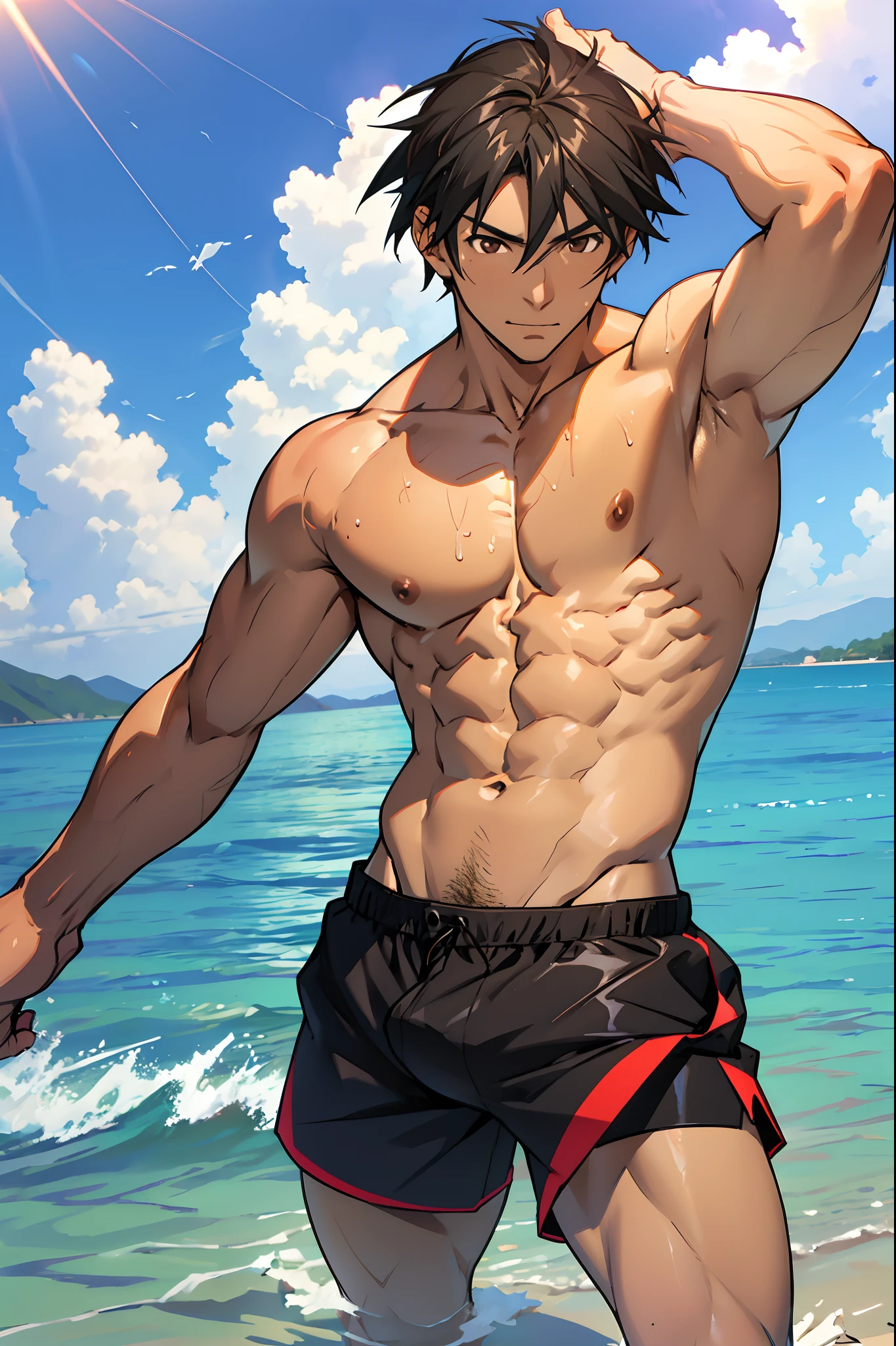 ichika_orimura, black hair, brown eyes, best quality, masterpiece, shirtless, chest exposed, center shot, skinny, swimming shorts, large bulge, beach on a sunny day, sunlight hitting skin, abs, high quality,