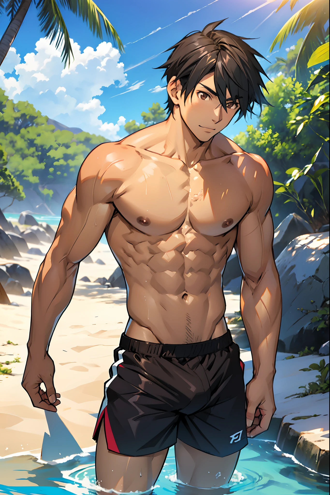 ichika_orimura, black hair, brown eyes,  best quality, masterpiece, shirtless, chest exposed, center shot, skinny, swimming shorts, large bulge, beach on a sunny day, sunlight hitting skin, abs, high quality,