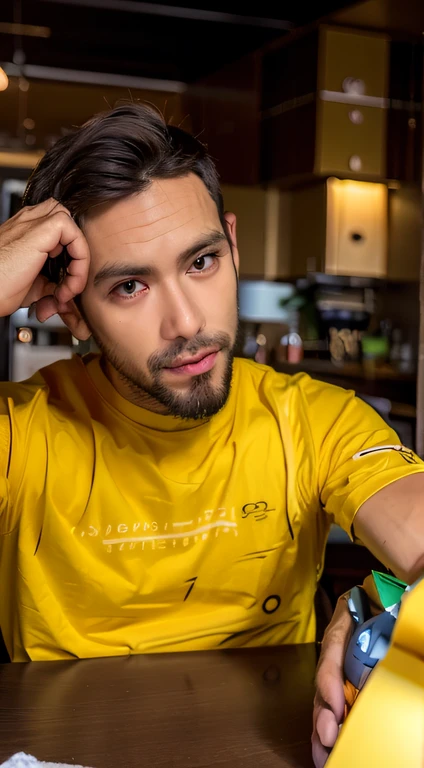 there is a man sitting at a table with a cell phone, 8k selfie photograph, very very low quality picture, wearing a modern yellow tshirt, taken with sony alpha 9, without beard, with accurate face, in tshirt, taken with sony a7r camera, low quality photograph, wearing yellow croptop, hard lighting!, very accurate photo