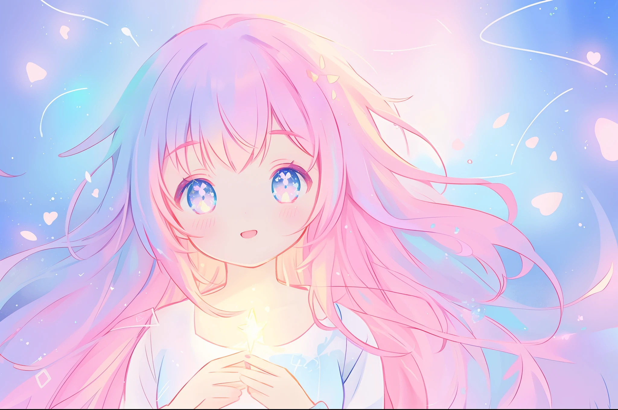 beautiful anime girl, , vibrant pastel colors, (colorful), magical lights, long flowing colorful hair, inspired by Glen Keane, inspired by Lois van Baarle, disney art style, by Lois van Baarle, glowing aura around her, by Glen Keane, jen bartel, glowing lights! digital painting, flowing glowing hair, glowing flowing hair, beautiful digital illustration, fantasia background, whimsical, magical, fantasy, beautiful face, ((masterpiece, best quality)), intricate details, highly detailed, sharp focus, 8k resolution, sparkling detailed eyes, liquid watercolor