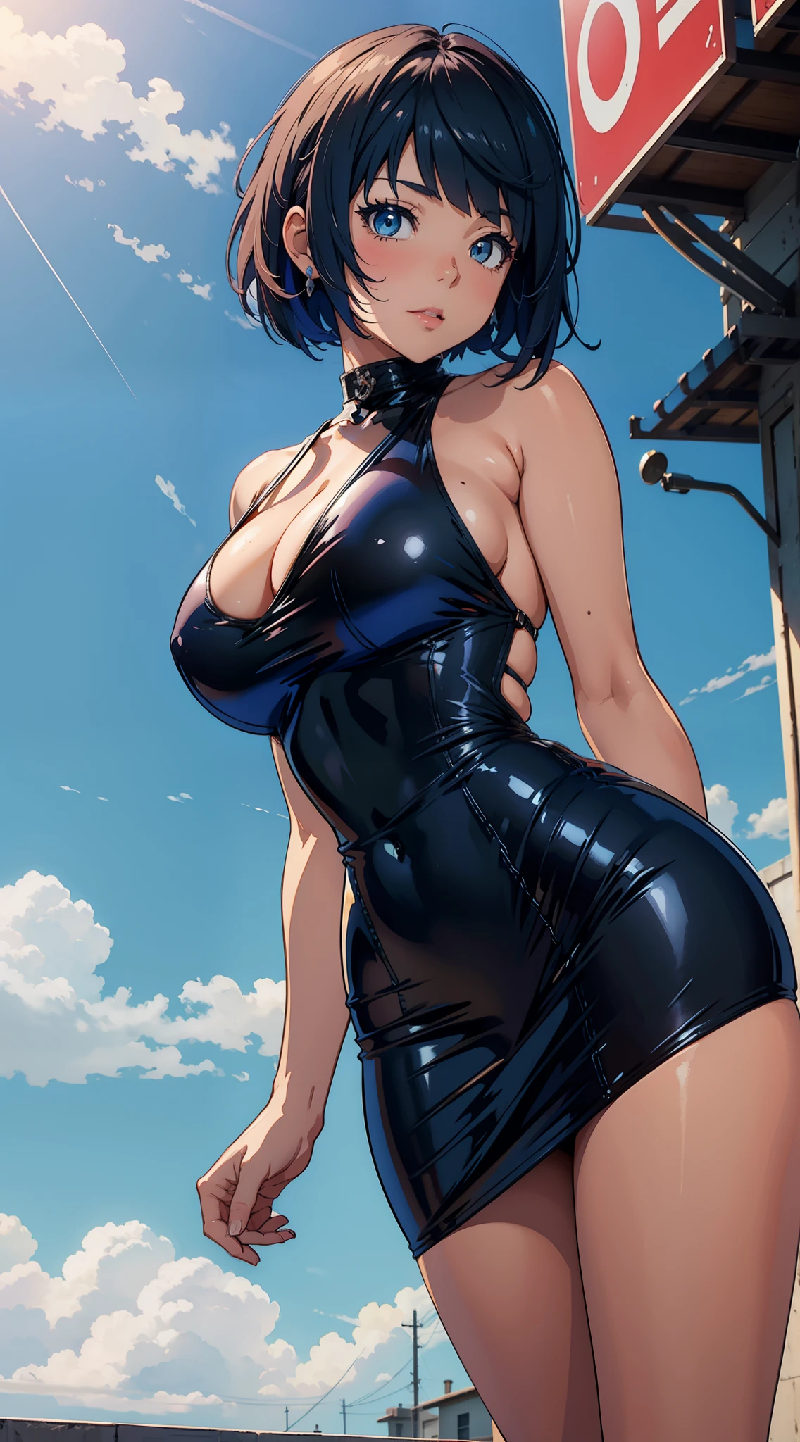 Short haired Cute anime Girl standing in front of a blue sky with hands behind back, tan, latex dress, large breasts