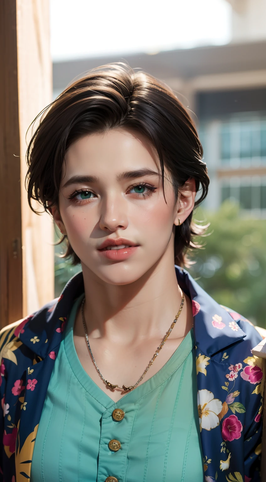 outfit blue colors with tropical motif, green eyes