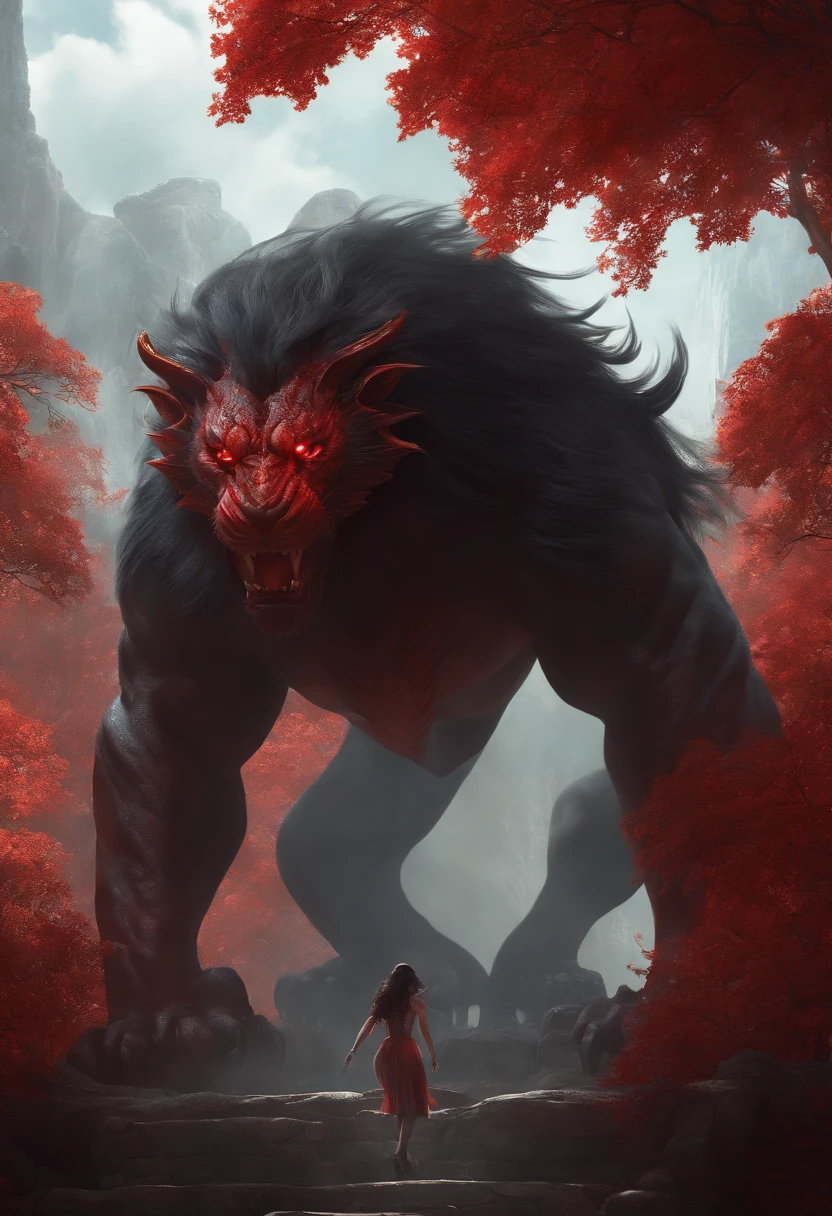 (((masterpiece))), (((best quality))), ((ultra-detailed)), (highly detailed CG illustration), Environmental detail, manticore with female human face as its head, long straight hair, shadow, silhouette, evil aura , gigantic, only shadow and red overlays