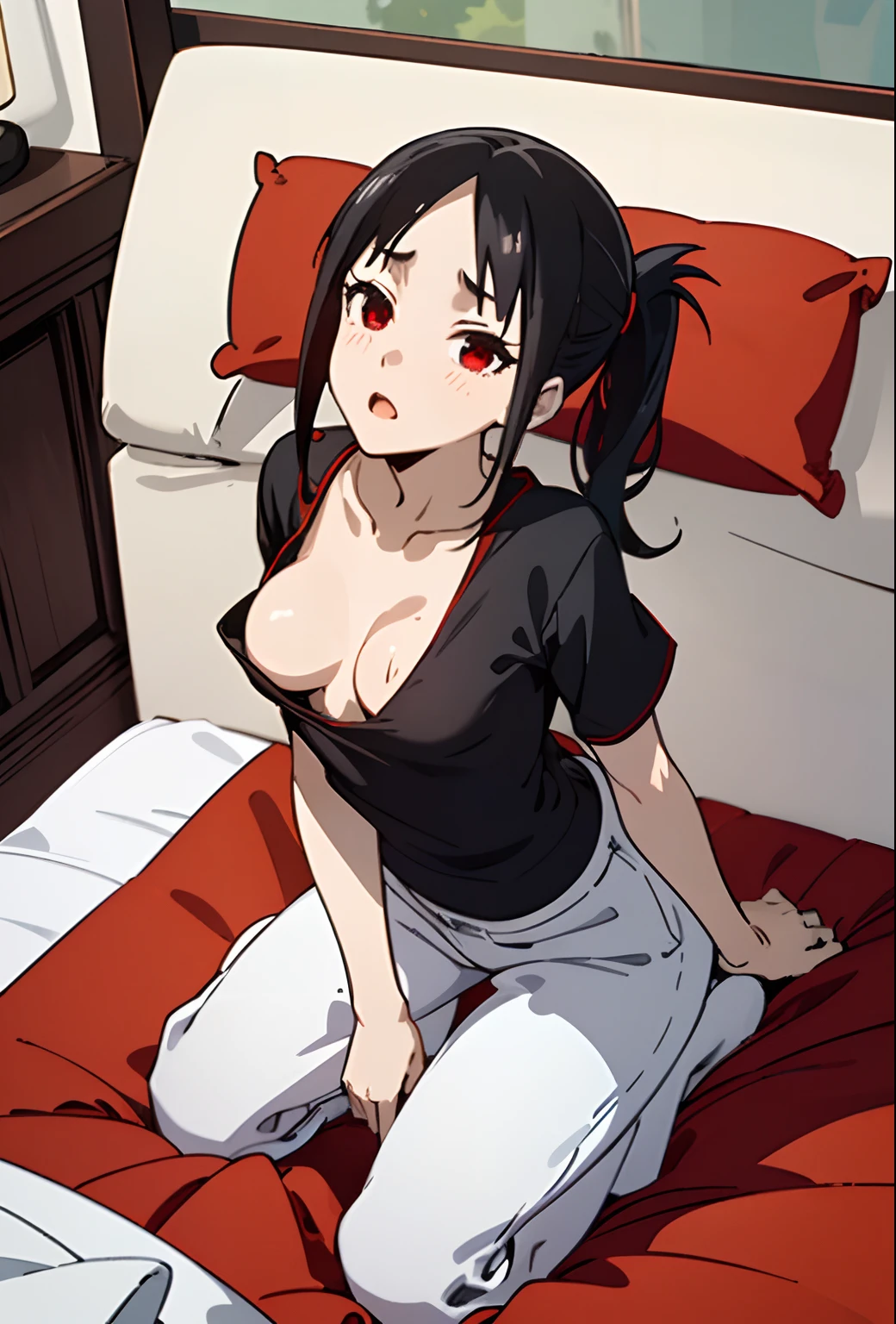 (beste-Qualit, 8K, 12), 1 girl, kaguya, black hair, the perfect body, ultra detail face, detailed lips, Excited, (((very small boobs:1.3))), red ribon, red eyes, (((oversize tshirt))), ashamed, from above, kneeling, cleavage, bed, tied hair, broad tshirt collar