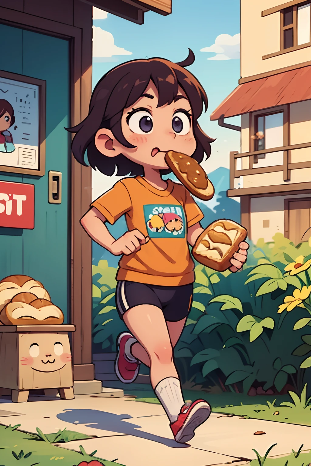 longshot、Kawaii Girl、A cartoonish situation where you run while chewing bread
