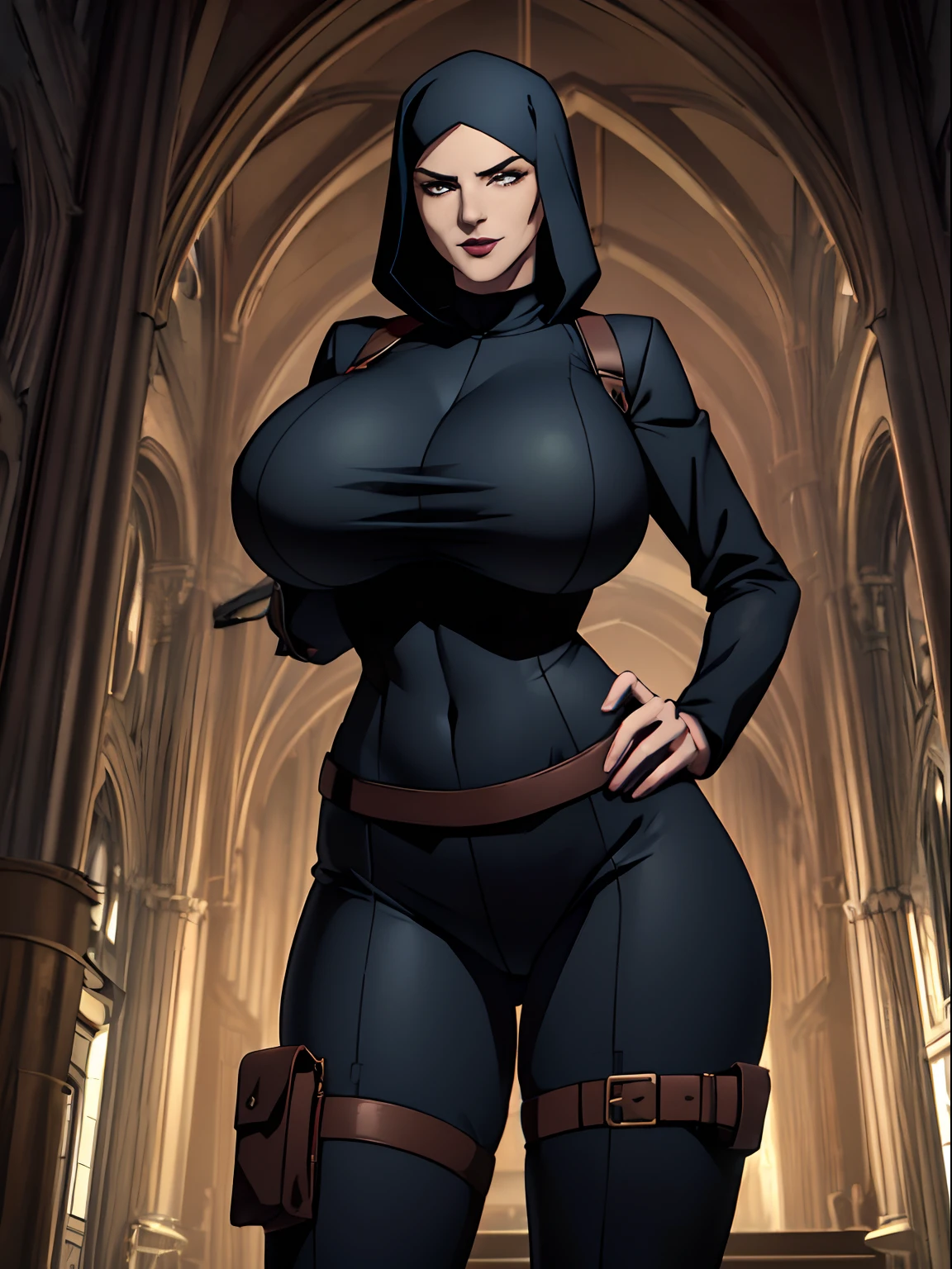 (masterpiece, top quality, best quality, official art, beautiful and aesthetic:1.2), (1girl:1.3), light freckles, fair skin, extremely detailed, portrait, looking at viewer, solo, (full body:0.6), detailed background, close up, (dark gothic theme:1.1), nun with guns, charlatan, smirk, mysterious, swaggering through cathedral, modest attire, black habit, cowl, nun hood, wimple, thigh-high boots, bodysuit, leotard, corset, leather straps, ammunition pouches, long boots, submachineguns, SMGs, MP5s, thigh pouches, holsters, garters, ((((narrow hips, slim sexy body, gigantic breasts)))), slim waist, slim hips, long legs, modern (cathedral exterior:1.1) background, dark mysterious lighting, shadows, magical atmosphere, dutch angle,