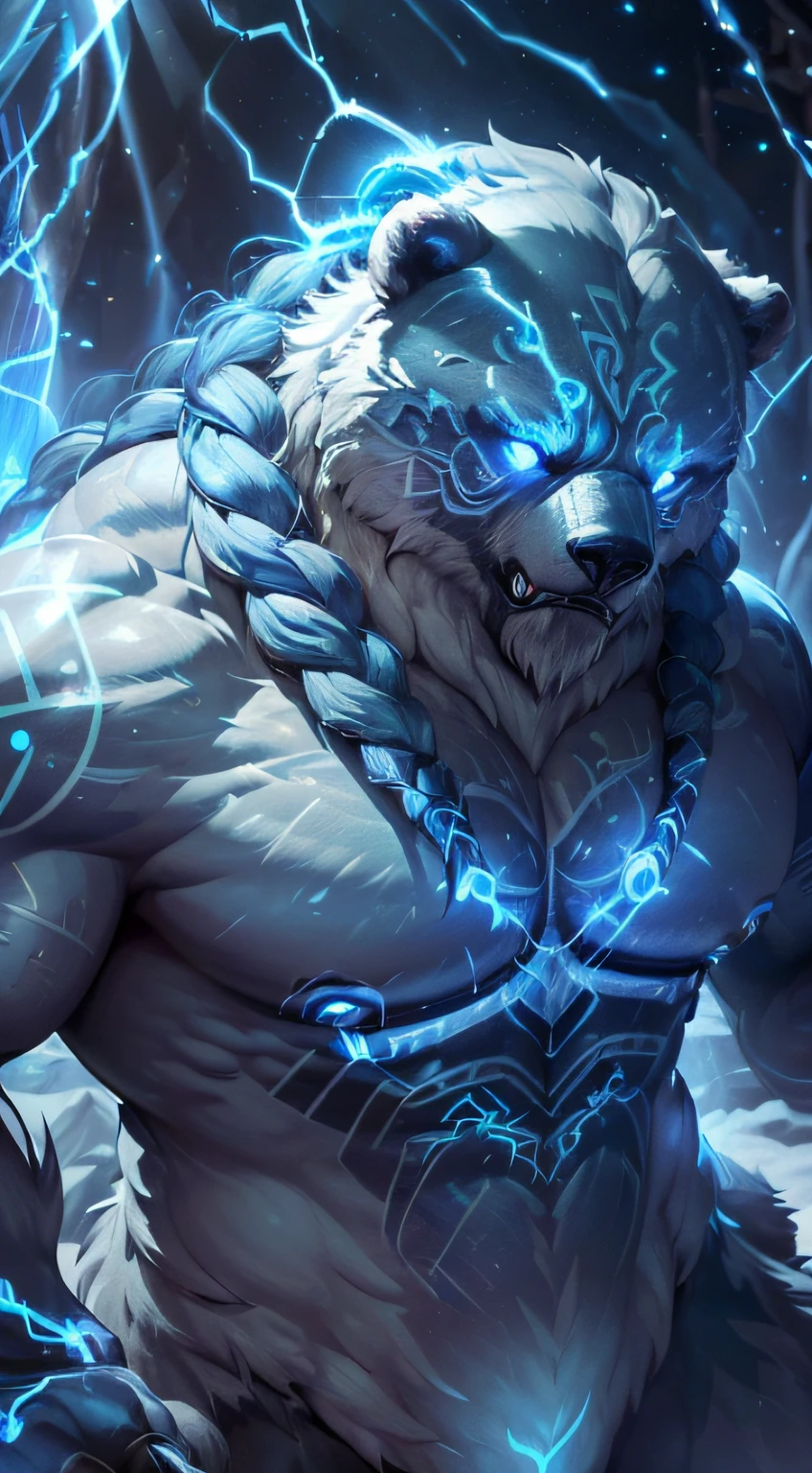 (Volibear/(League of Legends)), ((blue eyes, black sclera,glowing eyes,eye tattoo,arm tattoo,muscular, muscular male,abs, braided hair,hair accesory, glowing runes,ice spikes,ear ring, earrings)), (pose:1.3), (posing:1.3), (soft shading), 4k, hi res, five fingers, detailed hands, ((detailed face, (detailed eyes:1.3), detailed)), (full body),(by takahirosi:1.5), solo, looking at viewer, 1boy, snow background with ice, navel, standing, full body, male focus,((topless,bottomless)), abs, biceps, flexing, smile,furry