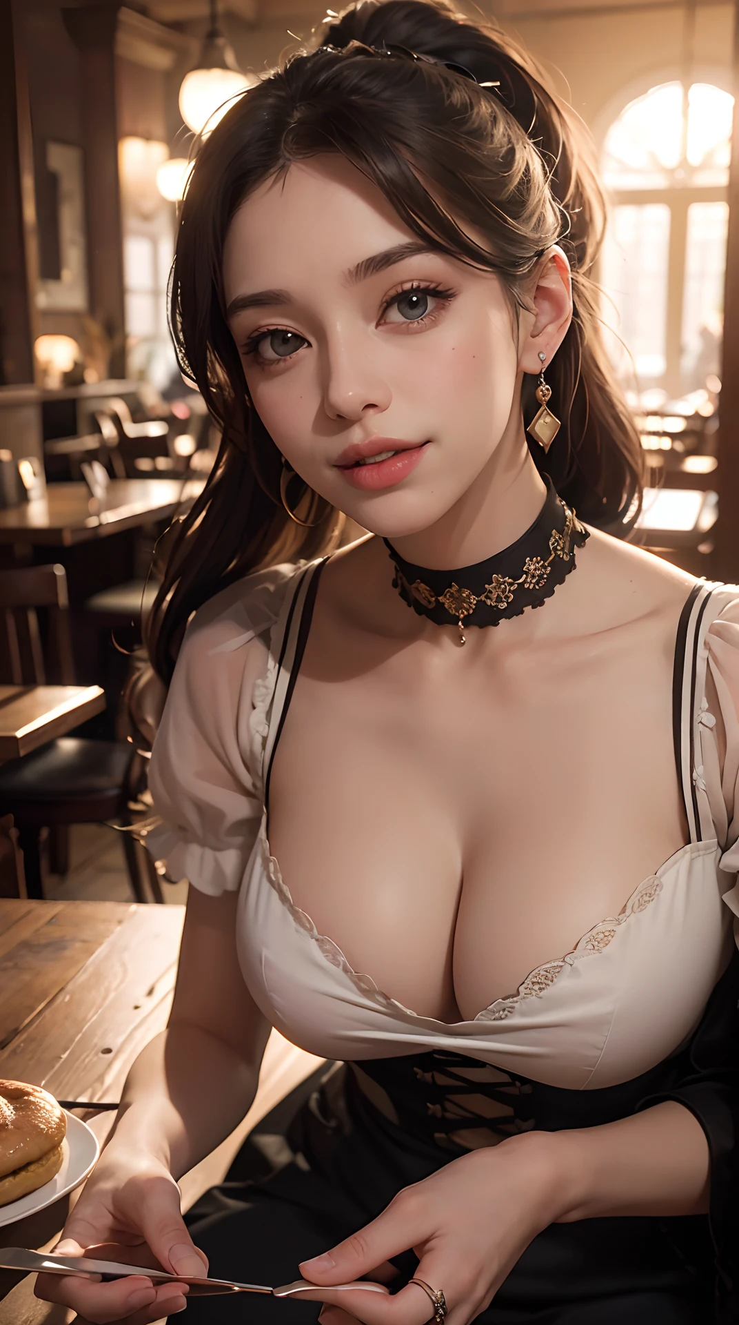 (best quality,4k,8k,highres,masterpiece:1.2), ultra-detailed, (realistic,photorealistic,photo-realistic:1.37),(beautiful detailed eyes, beautiful detailed lips, extremely detailed eyes and face, long eyelashes),studio lighting,physically-based rendering,vivid colors,(big tits, super big tits, super extra big tits),(ponytail hairstyle),(natural smile expression),(earrings, choker, ring, maid's clothing),(soft lighting),(cozy cafe atmosphere),(environmental portrait composition),