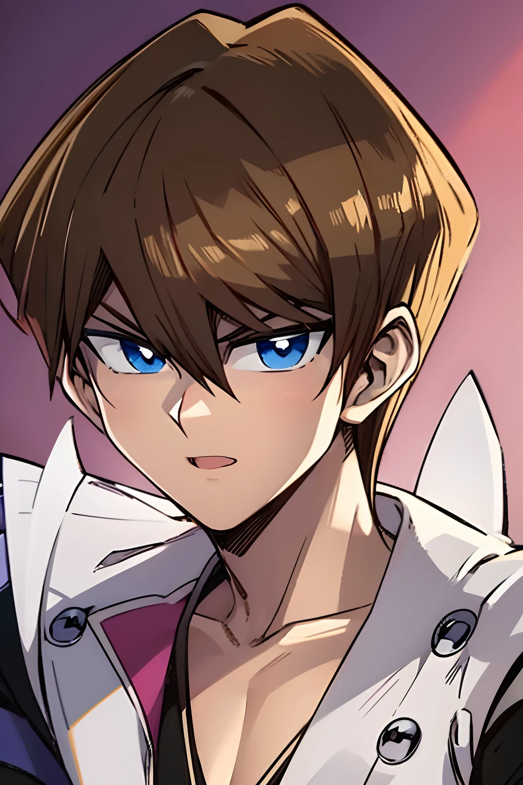(obra maestra, La mejor calidad, ultra detallado), 1child, ojos azules, brown hair, En pie, Cuerpo del hombre, Toma de retrato, mirando al espectador, serious expression, Seto Kaiba Peinado, with a microphone in the hand, en un escenario