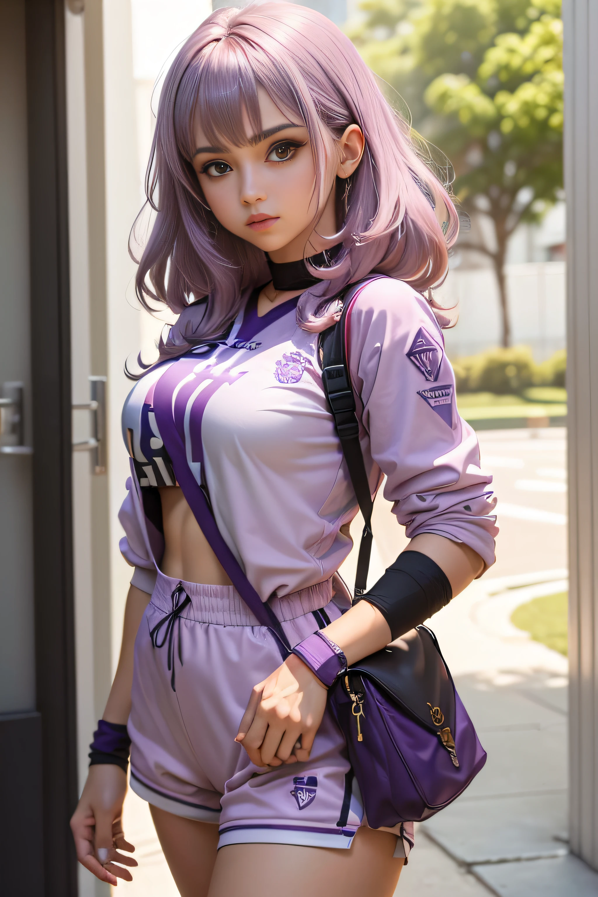 Uma mulher bonita, sitting on a square bench, (((usando short amarelo apertado)))pose sexy, cabelo roxo, white sneakers, em uma blusa esportiva muito apertada, 8k, superdetalhado, melhor qualidade