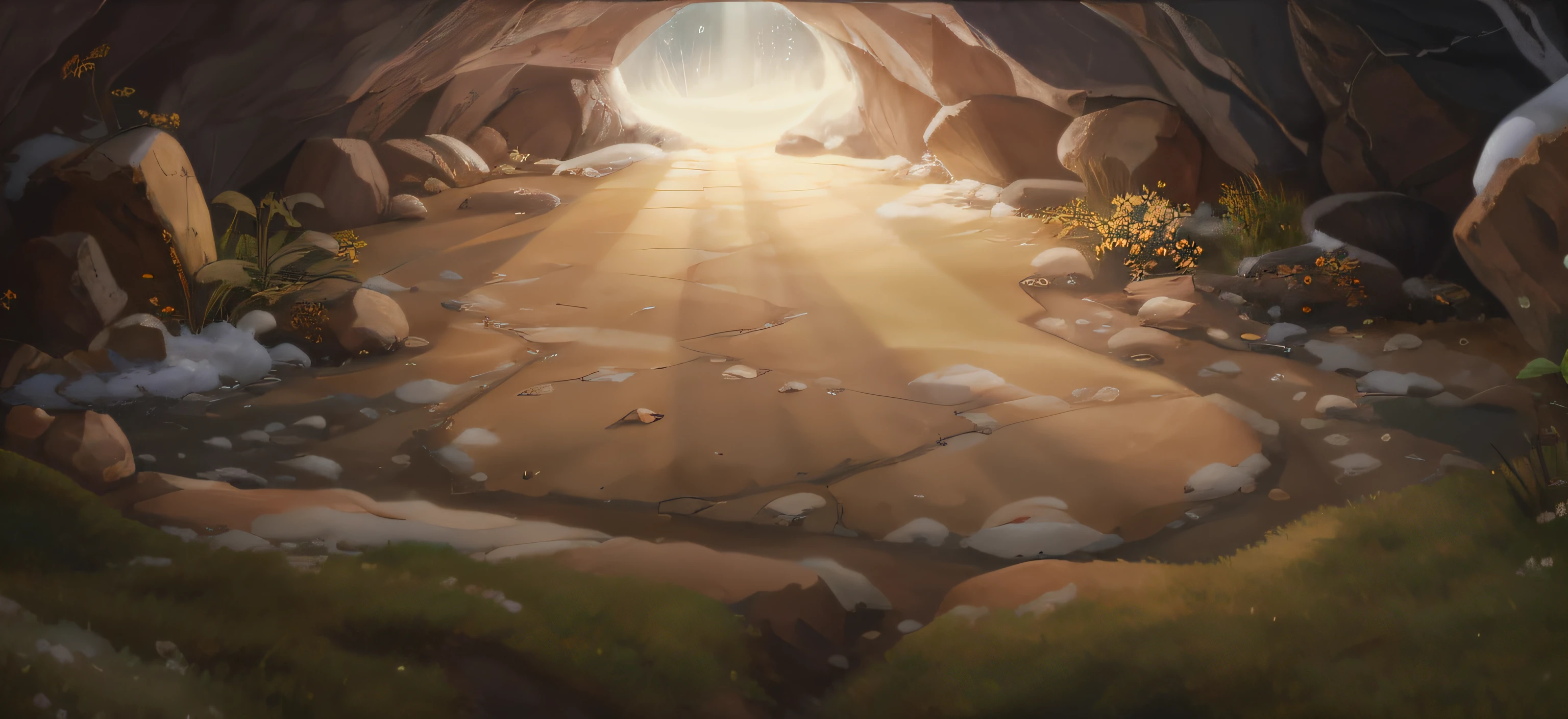 Rochas,Stones with snow,In a cave,moss,warm,pathway,yellow grass,Rock texture,The texture is clear,There is soil on the ground,Young shoots grow in the soil(speleothems),fanciful,Natural sunlight from the magic sphere,Ray traching,diffuselighting,vivd colour,Rochas(The is very detailed,finely detailled,iintricate),8K分辨率,
