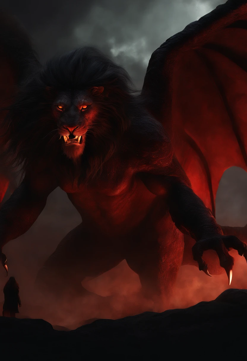 (((masterpiece))), (((best quality))), ((ultra-detailed)), (highly detailed CG illustration), Environmental detail, manticore with female face, long straight hair, shadow, silhouette, evil aura , gigantic, only shadow and red overlays, no humans