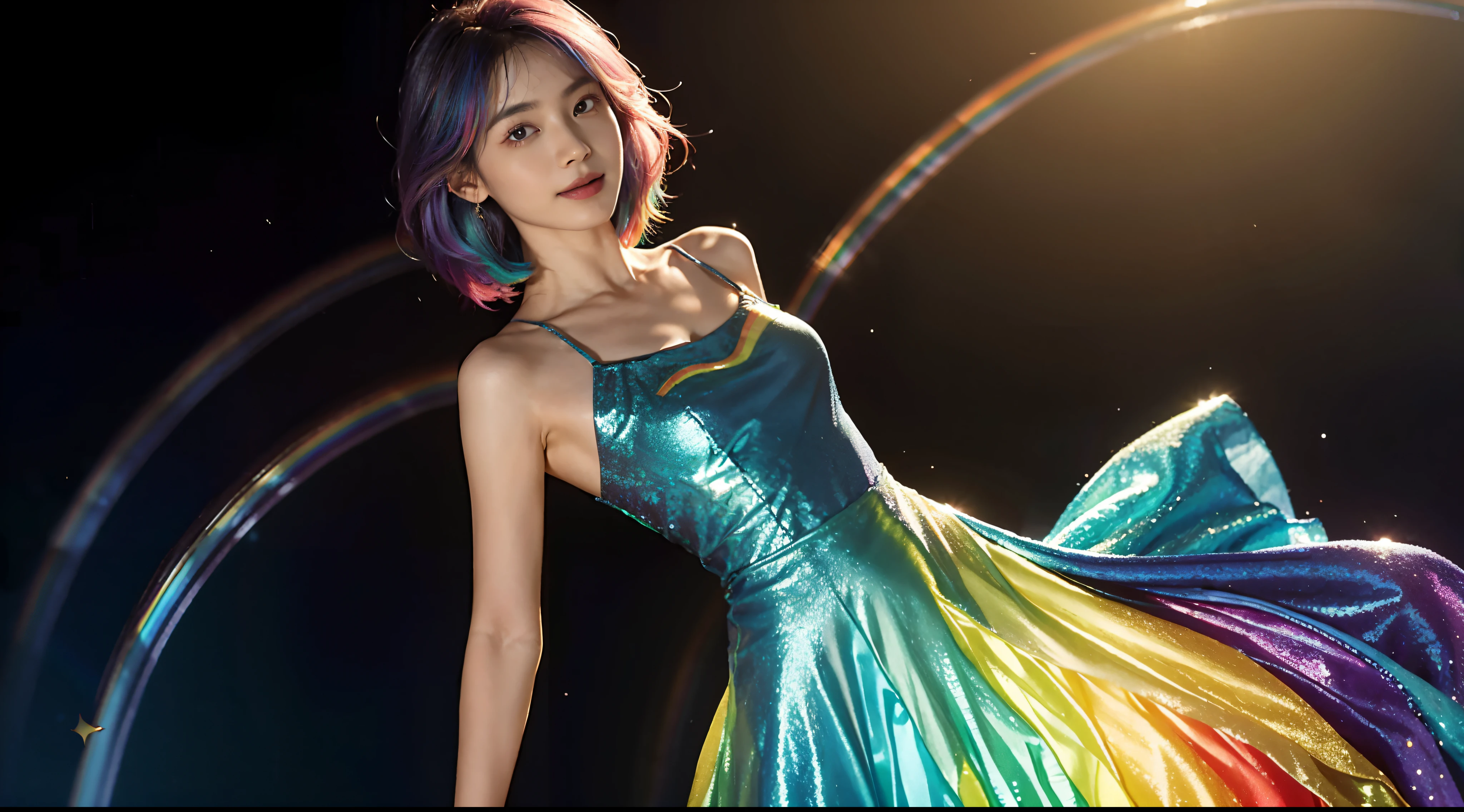 small head, (perfect bodies: 1.1), (short-length straight neat short hair: 1.2),(rainbow color hair:1.5) ,（极其细致的CG 8k壁纸），（Extremely refined and beautiful），（masterpiece:1.8），（best qualtiy：1.0），（超高分辨率：1.0），upper body，[A high resolution]cheerfulness,(a girl:1.5),(solo:1.5),Smile，Smooth and flawless fair skin，ultra - detailed,(Small breasts:1.1),Flat chest,Slim,thin,(Gorgeous Rainbow Princess Evening Dress:1.5),jewels,Teal background,from front，(Close shot:1.3),cowboy shot,(upperbody:1.3),bare shoulder,shoulder off,bare back,no bra,(navel:1.3),(portrait:1.3),Huge skirt hem,(panorama:1.5)