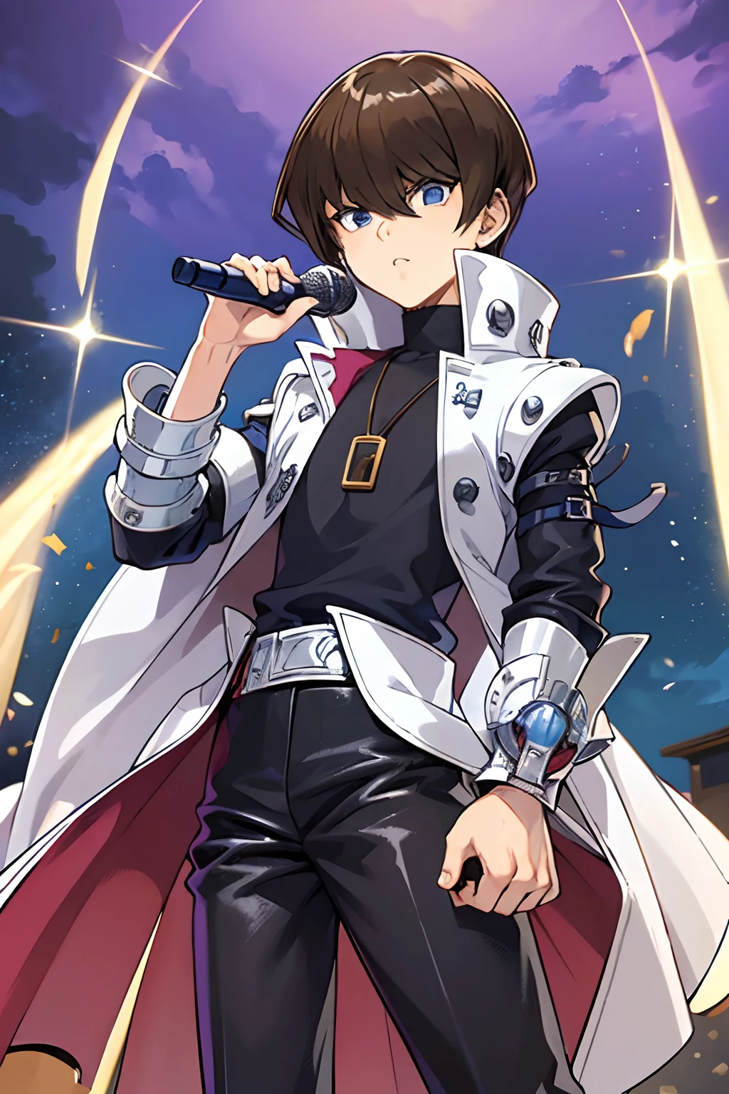 (obra maestra, La mejor calidad, ultra detallado), 1child, ojos azules, brown hair, En pie, Cuerpo del hombre, Toma de retrato, mirando al espectador, serious expression, Seto Kaiba Peinado, with a microphone in the hand, en un escenario