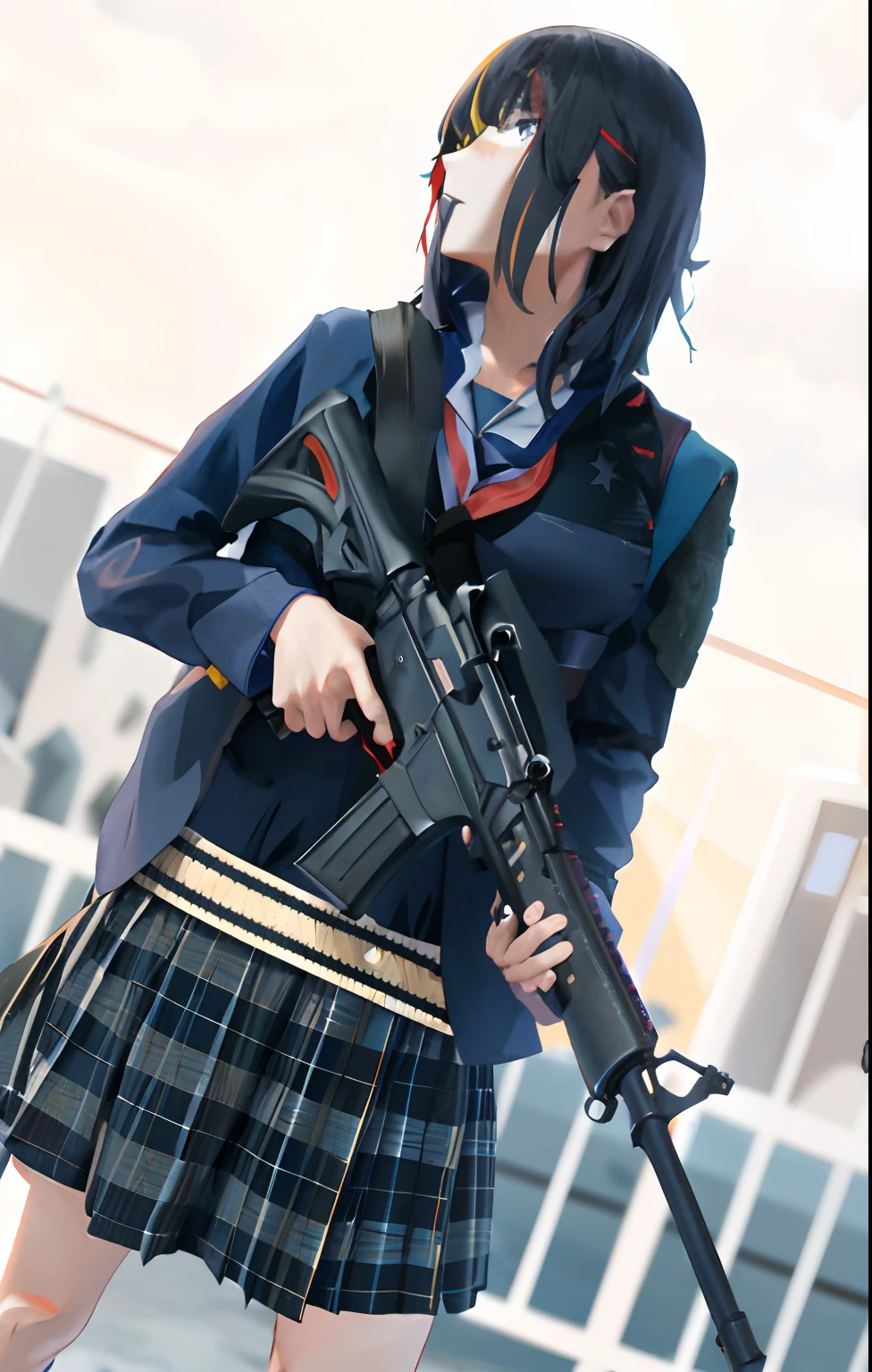 Alafed woman in uniform with gun, M4 Sopmod II Girls Frontline, with rifle, Seifuku, girl wearing school uniform, AR-15 Holding, Anime girl cosplay, Japan school uniform, holding rifle, Holding a rifle, holding weapons, Holding a rifle in your hands, with a pistol, japanese girl school uniform, beautiful anime high school girl