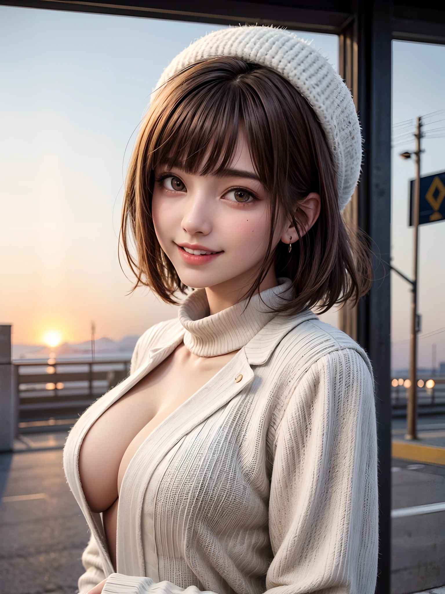 (masterpiece, top-quality、Very attractive adult beauty、Add intense highlights to the eyes),1girl in, 独奏, A dark-haired, scarf, Hats,, realisitic, looking at the viewers, black eyes of light color, shorth hair, coat, Winter clothes, White headscarf, s lips, lipgloss,bangss, The upper part of the body、big eye、Lashes)、((Road system in Italy))、((Shorthair with bangs、big eye、Put very strong highlights in your students、very Bigger breasts、gazing at viewer、Very beautiful beauty、Put your ears out、long neck、little smiling、Beautiful teeth、Open your mouth and smile))、28 year old、Very cute supermodel