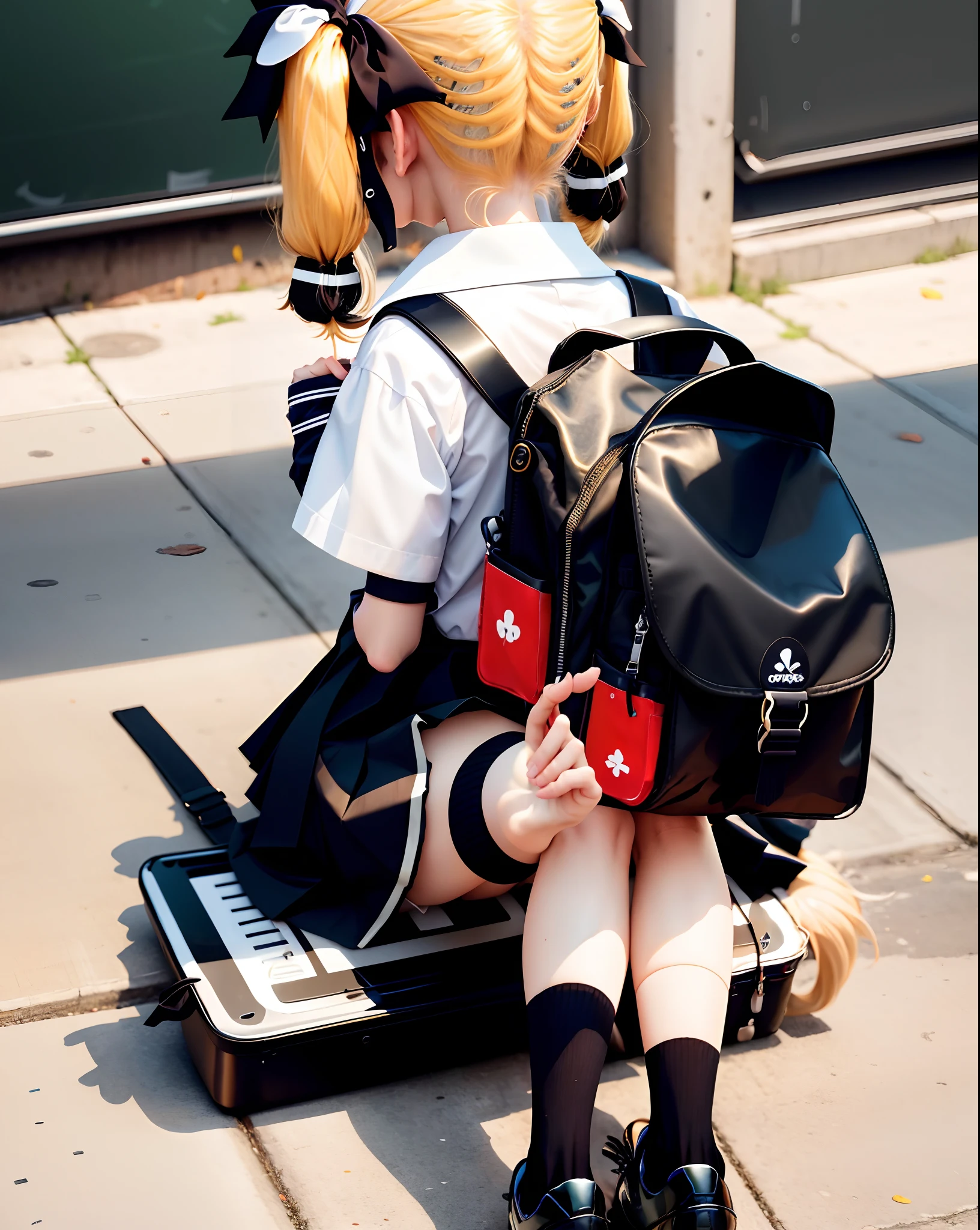 black skirt, school uniform, white shirt, looking at viewer, solo, short sleeves, black footwear, serafuku, sailor collar, two side up, blonde hair, black socks, school bag, twintails, cute ,
