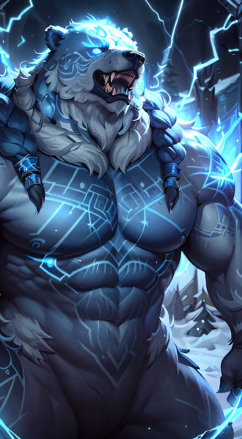 (masterpiece, 4k ,ultra detailed:1.2),(fantasy:1.2),illustration,(realistic:1),(photorealistic:1),
(Volibear, the champion from League of Legends:1.6),
(long white braided hair that ends with long black runes decorated with glowing blue nordic inscription, very long fur:1.6),(roaring with open mouth:1.3),(white bear with blue eyes and a glowing light on its face, Long fur surrounding his face, detailed face:1.4), (blue ice pike rgowing from his back:1.1),
(musculous body, furry body, blue rays coming out of eyes,rays surrounding around,giant bear, tribal tattoos:1.3),
(forest, night, lighted mushrooms, fireflies:1.2), (thunder aura surrounding him:1.2)