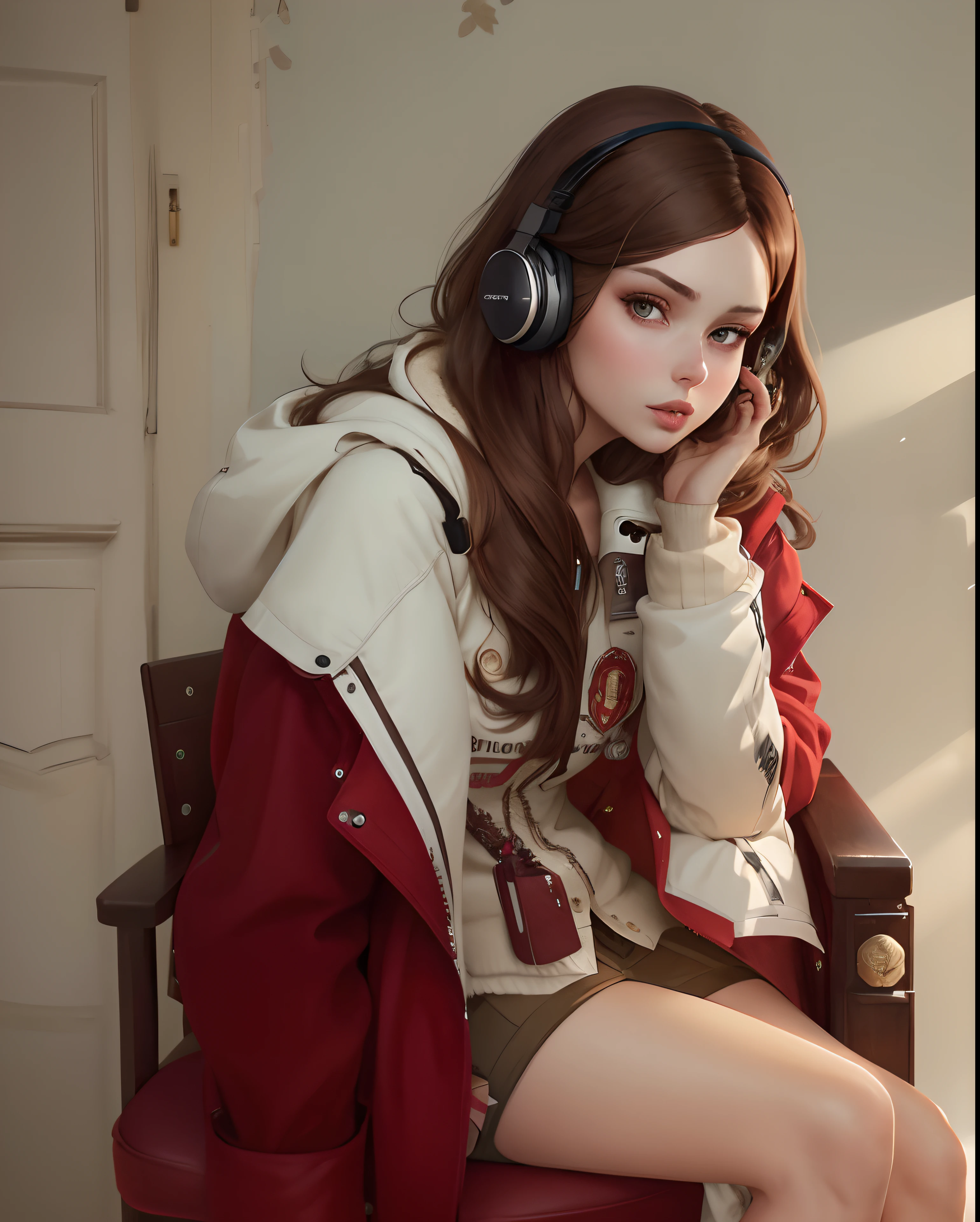 Mujer sentada en una silla con los auriculares puestos, Ilya Kuvshinov. 4 mil, Ropa roja, ulzzang, pose casual, Obras de arte al estilo de Guweiz, Arte digital Ilya Kuvshinov, Ropa roja, con auriculares, Chica joven y linda, linda joven, Artstyle : Ilya Kuvshinov