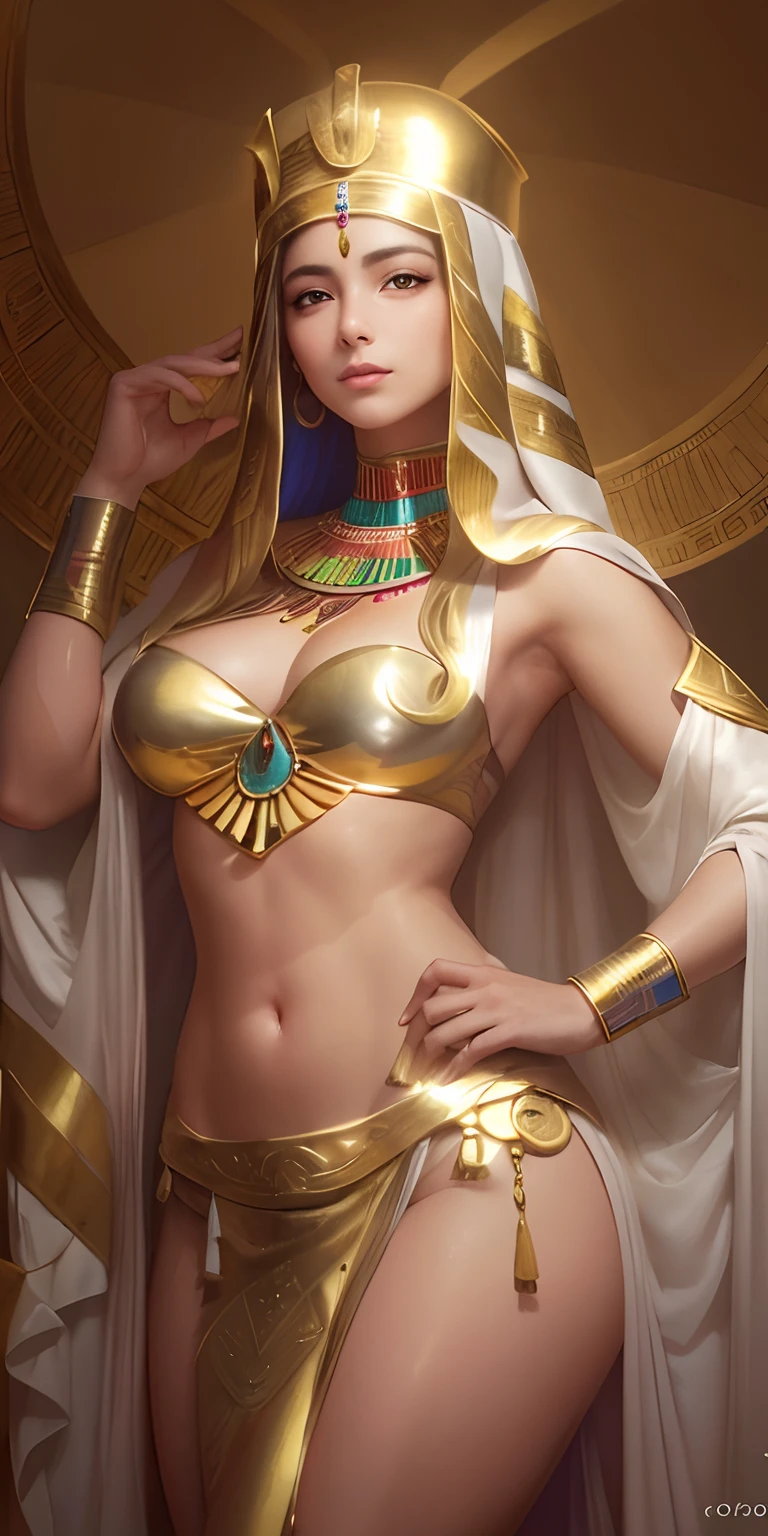 profesional photography, sharp lens, foco nítido, Enfoque perfecto, (La mejor calidad, realista:1.37), pintura realista y detallada de la diosa ISIS, Hermoso y muy detallado cuerpo completo, ojos cautivadores, Pose elegante, flowing robes, tocado dorado, Ancient Egyptian symbols, colores vibrantes, Soft lighting, Aura divina, natural  lighting