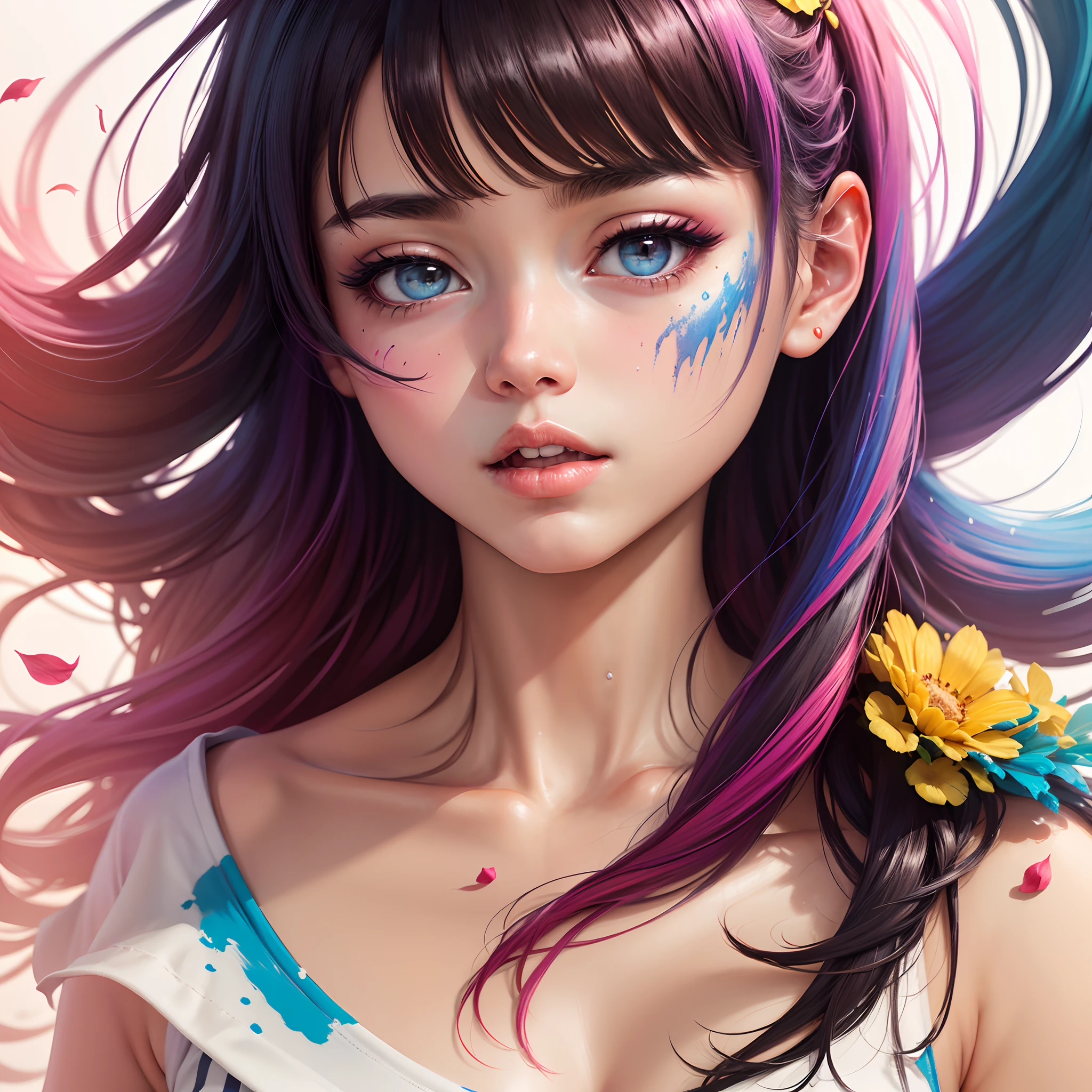 raw, masutepiece, Super Fine Photo, Best Quality, Ultra High Resolution, Photorealistic Photorealism, (Full body portrait), facing the lens, (Pink fashion T-shirt: 1.9), (Colorful hair: 1.8), (Rainbow all colors: 1.8), (((Vertical Painting: 1.6))), (Painting: 1.6), front, Manga, Illustration, Painting, Big eyes, Crystal clear, (Rainbow gradient high ponytail: 1.7), Delicate Makeup, Shut up, (Small fresh: 1.5), (Bandeau: 1.6), long eyelashes, White shoulder T- shirt, White shoulder shirt, gaze at the audience, Large watery eyes, (lustrous dark hair: 1.6), Color splash, (Solo:1.8), Color splash,, Thick lacquer style, Messy lines, ((Shining)), ( Colorful), (Colorful), (Colorful), Colorful, Thick paint style, (Splash) (), Vertical Painting, Upper body, Paint splashes, Acrylic Pigment, gradient, paint, Highest image quality, Highest Quality, masutepiece, Solo, depth of fields,Baby Face Paint, red clothing, Kimono、(Elegance: 1.2), Gorgeous, Long hair, Wind, (Elegance: 1.3), (flower petals: 1.4), (((masutepiece))), ((Best Quality))), (ultra-detailliert)), (Illustration), (Dynamic Angle), ((floating)), (paint), ((Loose hair)),(Solo),(1girl in), (Detailed anima face))), --auto