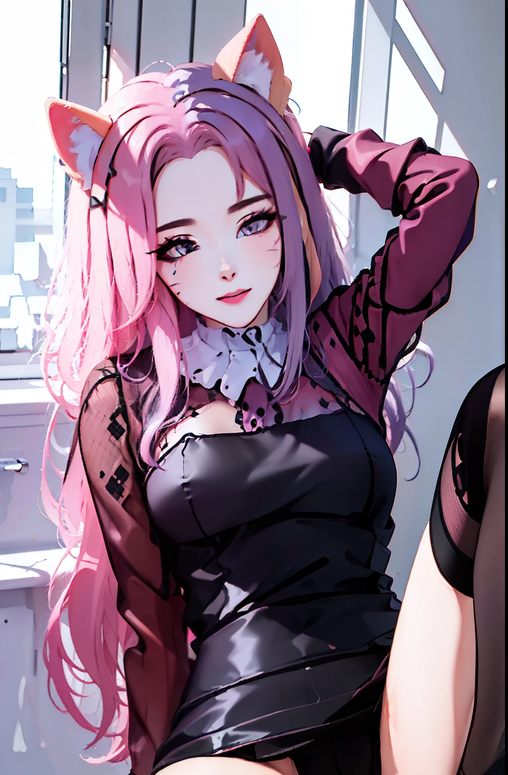 ((masterpiece, Best Quality))), Coupling, solo, a 1girl, ((pinkhead hair, purple hair, multicolored hair)), long hair, black tights