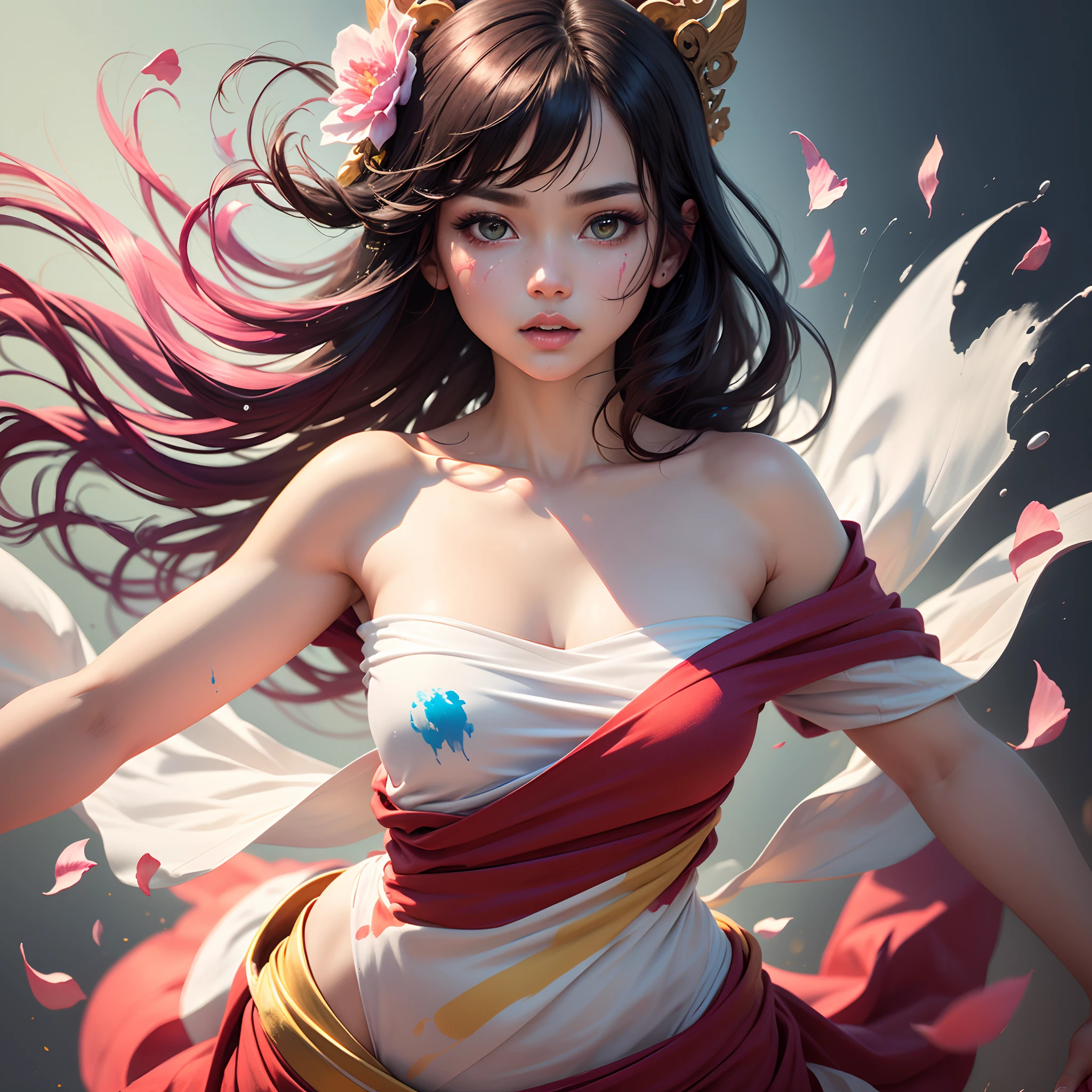 raw, masutepiece, Super Fine Photo, Best Quality, Ultra High Resolution, Photorealistic Photorealism, (Full body portrait), facing the lens, (Pink fashion T-shirt: 1.9), (Colorful hair: 1.8), (Rainbow all colors: 1.8), (((Vertical Painting: 1.6))), (Painting: 1.6), front, Manga, Illustration, Painting, Big eyes, Crystal clear, (Rainbow gradient high ponytail: 1.7), Delicate Makeup, Shut up, (Small fresh: 1.5), (Bandeau: 1.6), long eyelashes, White shoulder T- shirt, White shoulder shirt, gaze at the audience, Large watery eyes, (lustrous dark hair: 1.6), Color splash, (Solo:1.8), Color splash,, Thick lacquer style, Messy lines, ((Shining)), ( Colorful), (Colorful), (Colorful), Colorful, Thick paint style, (Splash) (), Vertical Painting, Upper body, Paint splashes, Acrylic Pigment, gradient, paint, Highest image quality, Highest Quality, masutepiece, Solo, depth of fields,Baby Face Paint, red clothing, Kimono、(Elegance: 1.2), Gorgeous, Long hair, Wind, (Elegance: 1.3), (flower petals: 1.4), (((masutepiece))), ((Best Quality))), (ultra-detailliert)), (Illustration), (Dynamic Angle), ((floating)), (paint), ((Loose hair)),(Solo),(1girl in), (Detailed anima face))), --auto