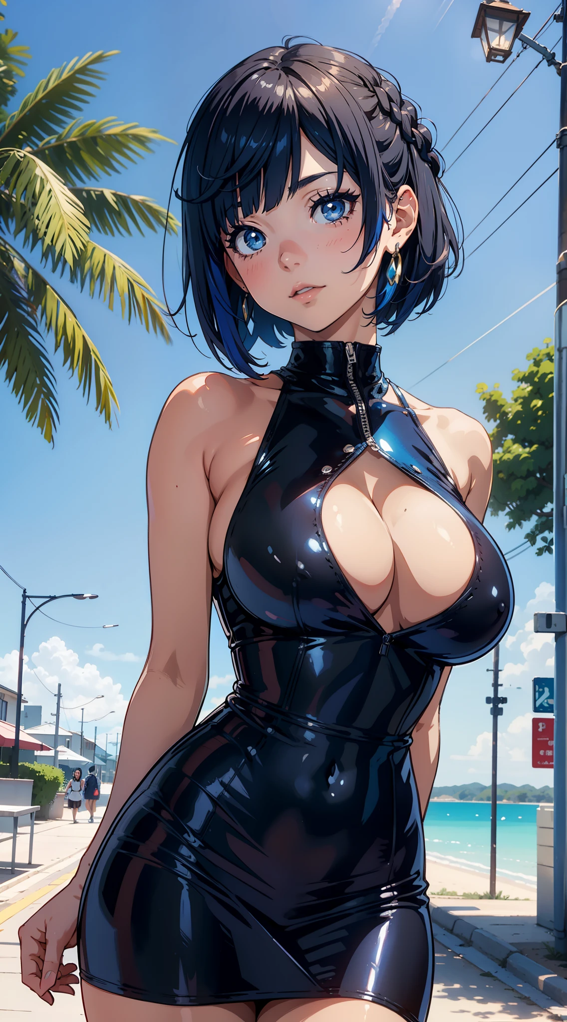 Short haired Cute anime Girl standing in front of a blue sky with hands behind back, tan, latex dress, large breasts