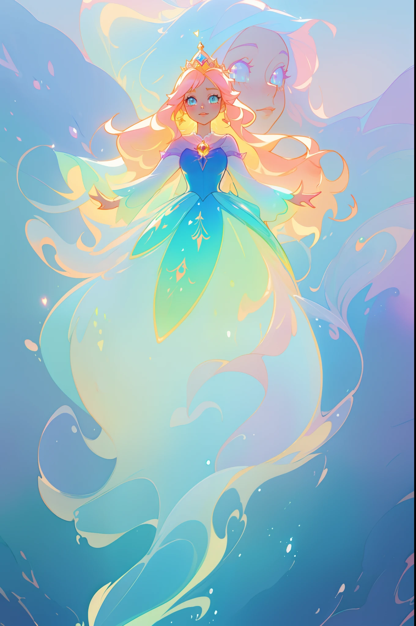 beautiful anime girl in long sleeve princess ballgown made of liquid, vibrant pastel colors, (colorful), glowing golden long hair, magical lights, sparkling liquid light, inspired by Glen Keane, inspired by Lois van Baarle, disney art style, by Lois van Baarle, glowing aura around her, by Glen Keane, jen bartel, glowing lights! digital painting, flowing glowing hair, glowing flowing hair, beautiful digital illustration, fantasia background, whimsical, magical, fantasy, ((beautiful face)), ((masterpiece, best quality)), intricate details, highly detailed, sharp focus, 8k resolution, sparkling detailed eyes, liquid watercolor