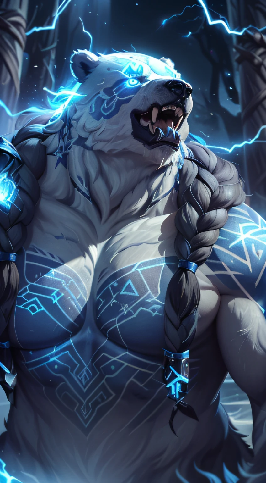 (masterpiece, 4k ,ultra detailed:1.2),(fantasy:1.2),illustration,(realistic:1),(photorealistic:1),
(Volibear, the champion from League of Legends:1.6),
(long white braided hair that ends with long black runes decorated with glowing blue nordic inscription, very long fur:1.6),(roaring with open mouth:1.3),(white bear with blue eyes and a glowing light on its face, Long fur surrounding his face, detailed face:1.4), (blue ice pike rgowing from his back:1.1),
(musculous body, furry body, blue rays coming out of eyes,rays surrounding around,giant bear, tribal tattoos:1.3),
(forest, night, lighted mushrooms, fireflies:1.2), (thunder aura surrounding him:1.2)