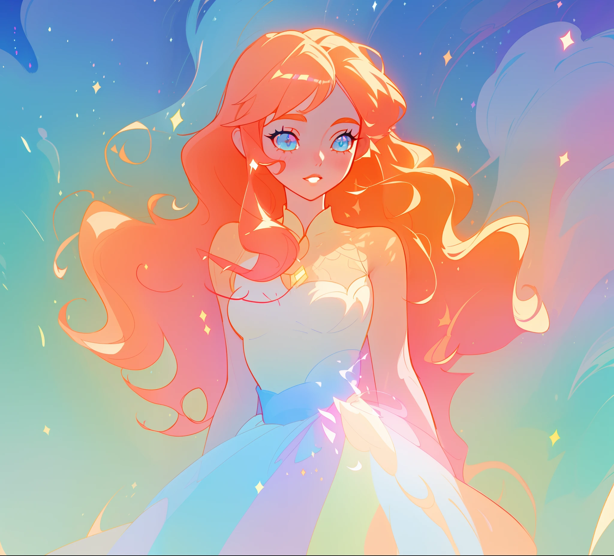 beautiful anime girl in white princess ballgown, vibrant pastel colors, (colorful), magical lights, red and gold long wavy curly hair, sparkling lines of light, inspired by Glen Keane, inspired by Lois van Baarle, disney art style, by Lois van Baarle, glowing aura around her, by Glen Keane, jen bartel, glowing lights! digital painting, flowing glowing hair, glowing flowing hair, beautiful digital illustration, fantasia background, whimsical, magical, fantasy, beautiful face, ((masterpiece, best quality)), intricate details, highly detailed, sharp focus, 8k resolution, sparkling detailed eyes, liquid watercolor