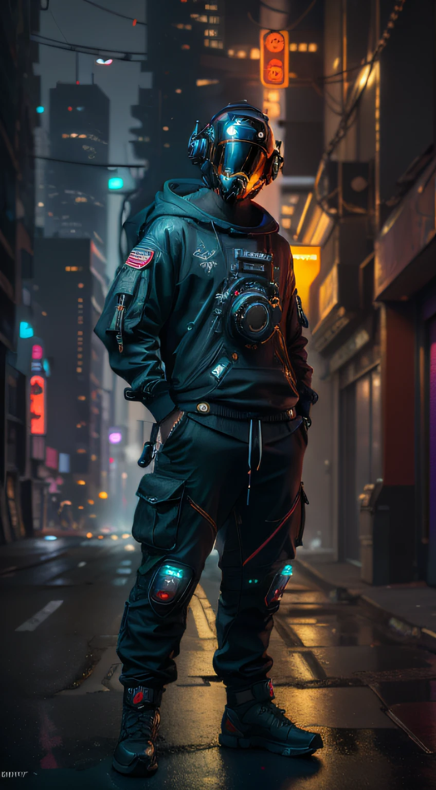 (masterpiece, full body shot, intricate raw photography) Cyberpunk citizen, comfortable oversize black hoodie, black cargo pants, black clothes, dark, wearing a black helmet hitech style Astronaut, intricate, futuristic, advanced technology, dark environment, dramatic, light and shadow, cinematic, action movie, sharpness, random relaxed position, Cyberpunk City, street lights, dark street, night, Insta photo, photo of the year, octane render, substance, Maya 3D, cinema4D, ArtStation Trending, Devian Art Trend,