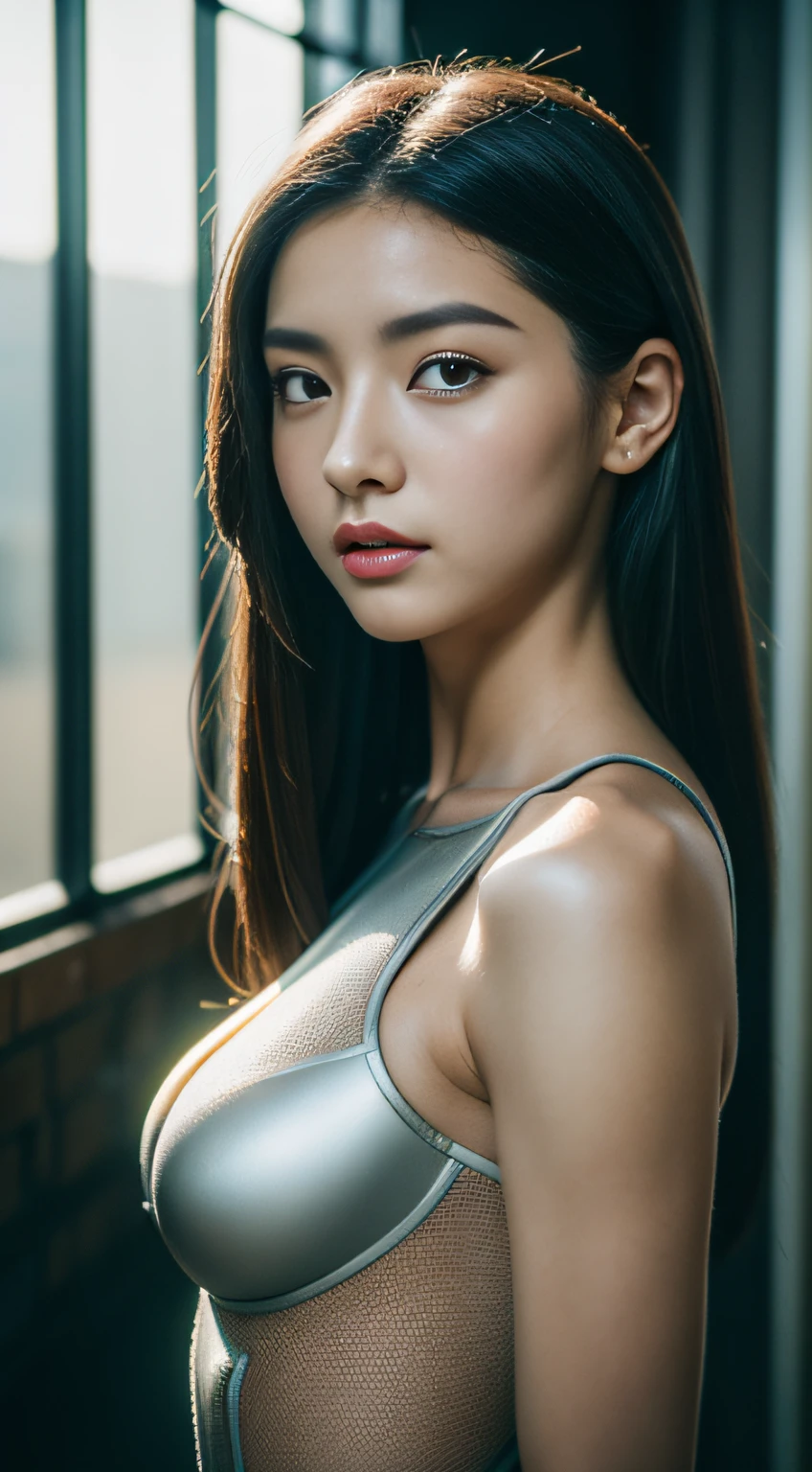 (1girl in:1.3), 独奏,__body-parts__, offcial art, 统一 8k 壁纸, ultra - detailed, Beautiful and aesthetic, big breasts beautiful, tmasterpiece, best qualtiy, raw,tmasterpiece,ultra fine photos,,best qualtiy,超A high resolution,Photoreality,rays of sunshine,portrait of a full body,stunningly beautiful,,dynamicposes,delicated face,Vibrant eyes,(Seen from the side),she is wearing a futuristic Iron Man mech,White gold color scheme,Very detailed abandoned warehouse background,A detailed face,Detailed and complex busy background,slovenly,opulent,milkyW,highly detailedskin,Realistic details of skin,Visible Pore,tack sharp focus,Volume Fog,8K UHD,dslr camera,high quarity,film grains,White skin of the,photorealisim,Lomography,A huge metropolis in a futuristic dystopia , look from down, semi transparent