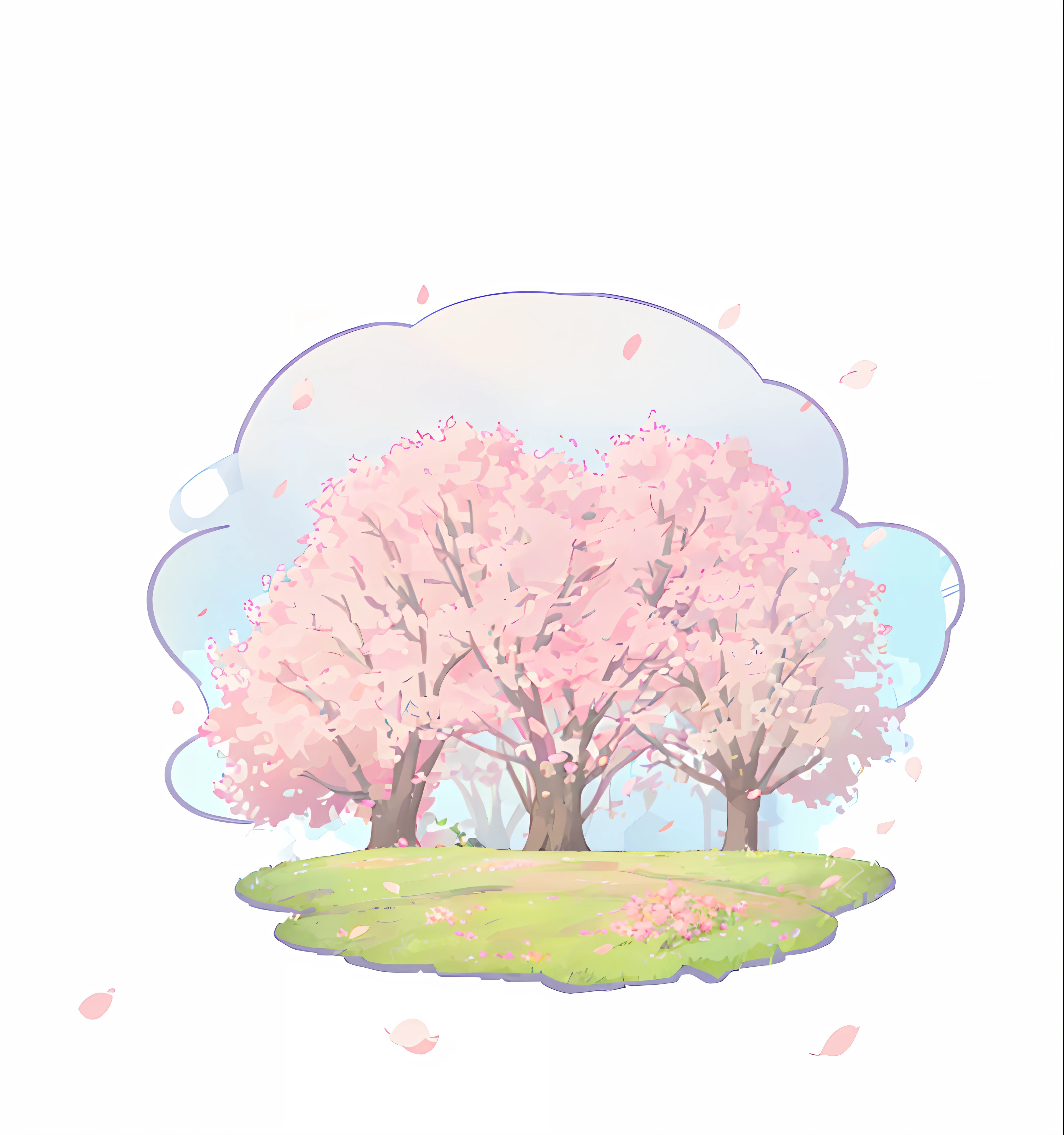 A cartoon of a tree,There are pink flowers in the grass, cherry tree in the background, cotton candy trees, sakura trees in the background, cherry blossoms in the wind, Cherry blossom forest, wind blowing leaves, the cherry trees, pink trees, wind blowing leaves, some trees in the background, cherry blossom rain everywhere, Pink Forest, trees and flowers