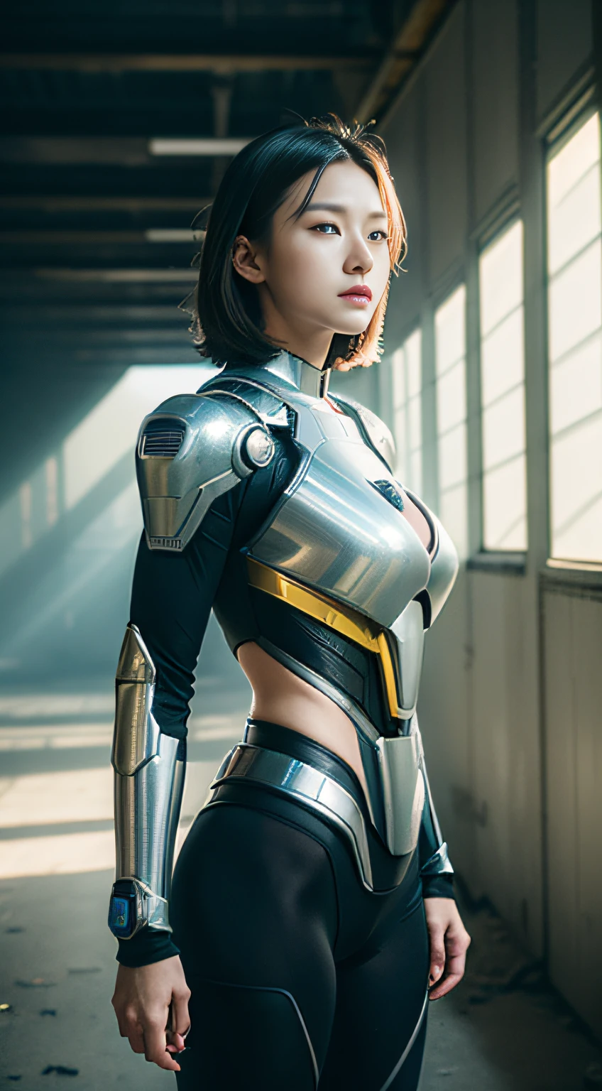 (1girl in:1.3), 独奏,__body-parts__, offcial art, 统一 8k 壁纸, ultra - detailed, Beautiful and aesthetic, big breasts beautiful, tmasterpiece, best qualtiy, raw,tmasterpiece,ultra fine photos,,best qualtiy,超A high resolution,Photoreality,rays of sunshine,portrait of a full body,stunningly beautiful,,dynamicposes,delicated face,Vibrant eyes,(Seen from the side),she is wearing a futuristic Iron Man mech,White gold color scheme,Very detailed abandoned warehouse background,A detailed face,Detailed and complex busy background,slovenly,opulent,milkyW,highly detailedskin,Realistic details of skin,Visible Pore,tack sharp focus,Volume Fog,8K UHD,dslr camera,high quarity,film grains,White skin of the,photorealisim,Lomography,A huge metropolis in a futuristic dystopia , look from down, semi transparent
