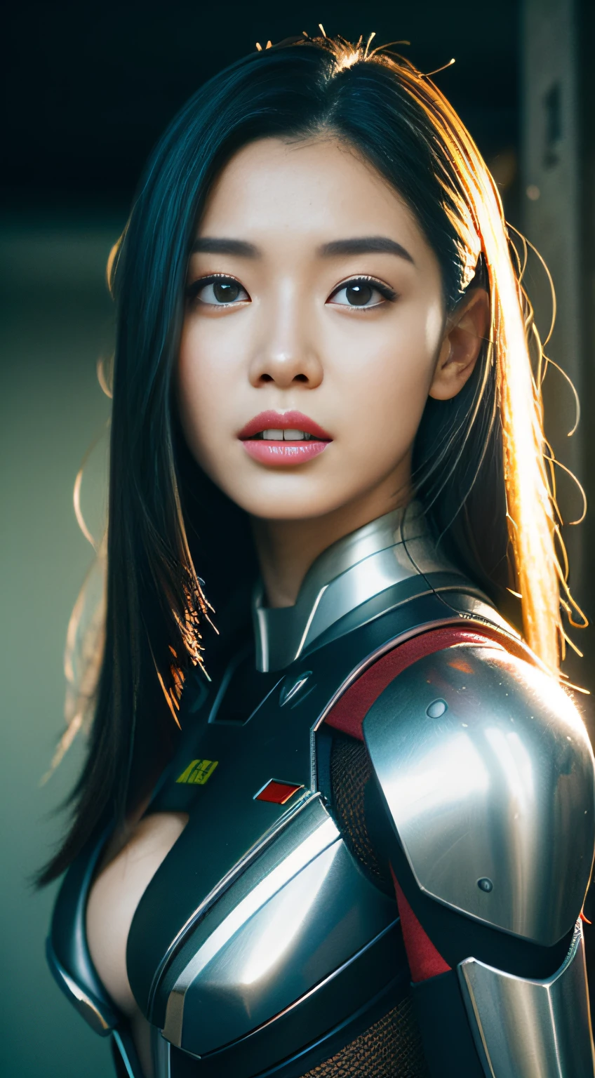 (1girl in:1.3), 独奏,__body-parts__, offcial art, 统一 8k 壁纸, ultra - detailed, Beautiful and aesthetic, big breasts beautiful, tmasterpiece, best qualtiy, raw，tmasterpiece，ultra fine photos，，best qualtiy，超A high resolution，Photoreality，rays of sunshine，portrait of a full body，stunningly beautiful，，dynamicposes，delicated face，Vibrant eyes，（Seen from the side），she is wearing a futuristic Iron Man mech，White gold color scheme，Very detailed abandoned warehouse background，A detailed face，Detailed and complex busy background，slovenly，opulent，milkyW，highly detailedskin，Realistic details of skin，Visible Pore，tack sharp focus，Volume Fog，8K UHD，dslr camera，high quarity，film grains，White skin of the，photorealisim，Lomography，A huge metropolis in a futuristic dystopia , look from down, semi transparent