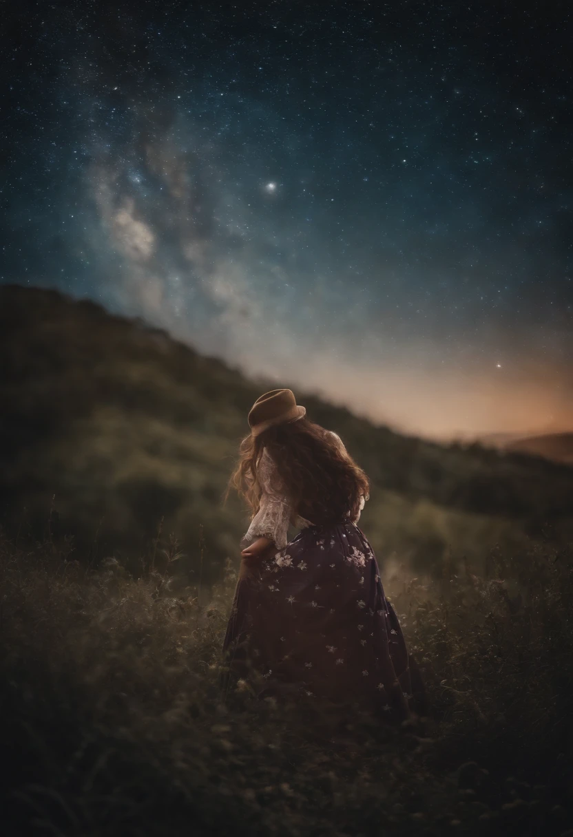 An old derelict cottage, in the middle of a field, at night, a beautiful naked model poses in the doorway, with the Milky Way galaxy overhead, long exposure,