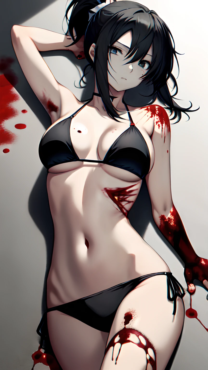 Anime girls with black hair, Ponytail wearing a black string bikini,There is a scar on the left eye.............................., Blood stains and wounds on the body............................, Chest ball,full body image,Lying on the floor....., Blood.Pictures with blood,The body is blood.