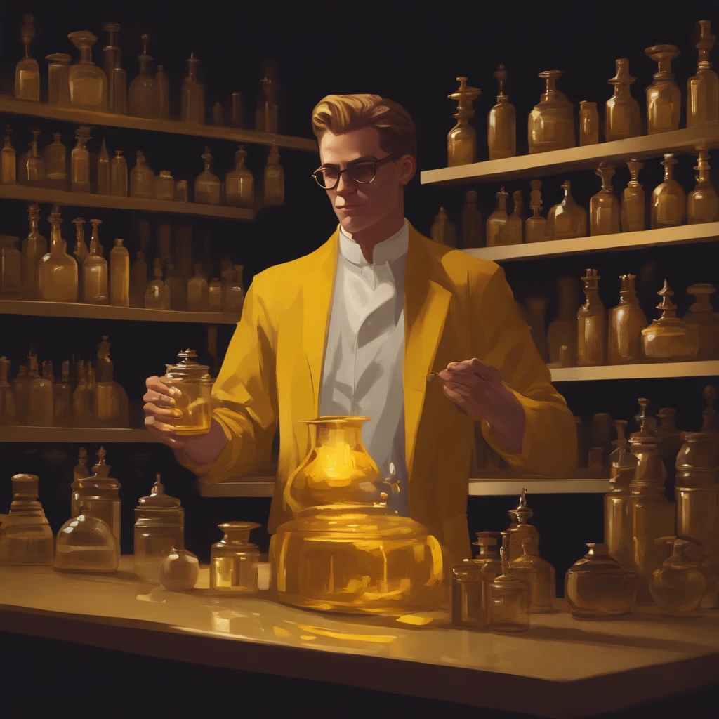 pixelart alquimista tons_White Man Holding Potion Smoke_amarelo escuro bonito moderno