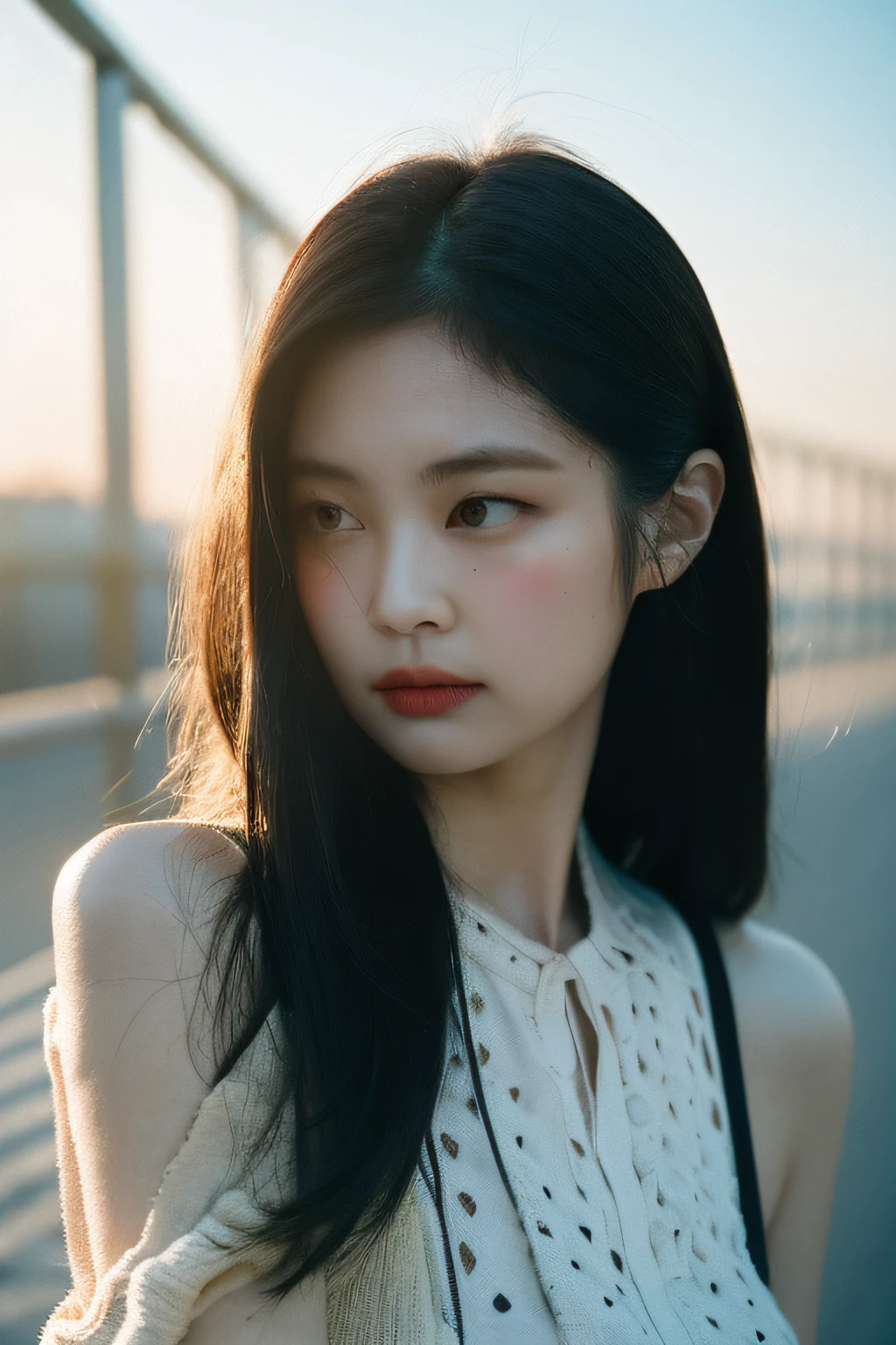 Photo of a Beautiful Korean kpop idol Woman, Summer, Lustful, Film-like shades、cinematic、Film grain, 80mm、emotion、Looking at the camera、Run your hands over your face to avoid the light、realisitic、masuter piece