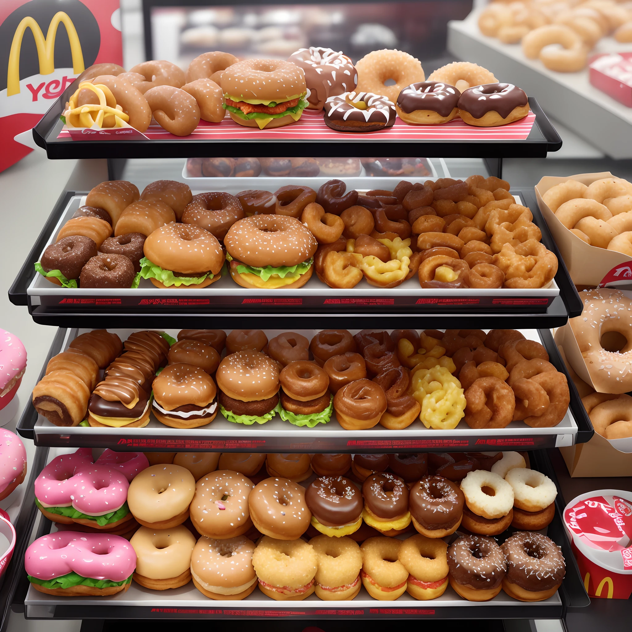 Fed Display Donuts, donut, And other pastries in the store, super realistic food picture, 4k polymer clay food photography, mcdonalds, A hyper-realistic, A hyper-realistic", A hyper-realistic", mcdonalds,. macro. Hyper realistic, Ultra-detailed photorealism」, 「A hyper-realistic, A hyper-realistic, Hyper-realistic, hyper - realistic, donut、Sizzle feeling、Big Mac、French cruller