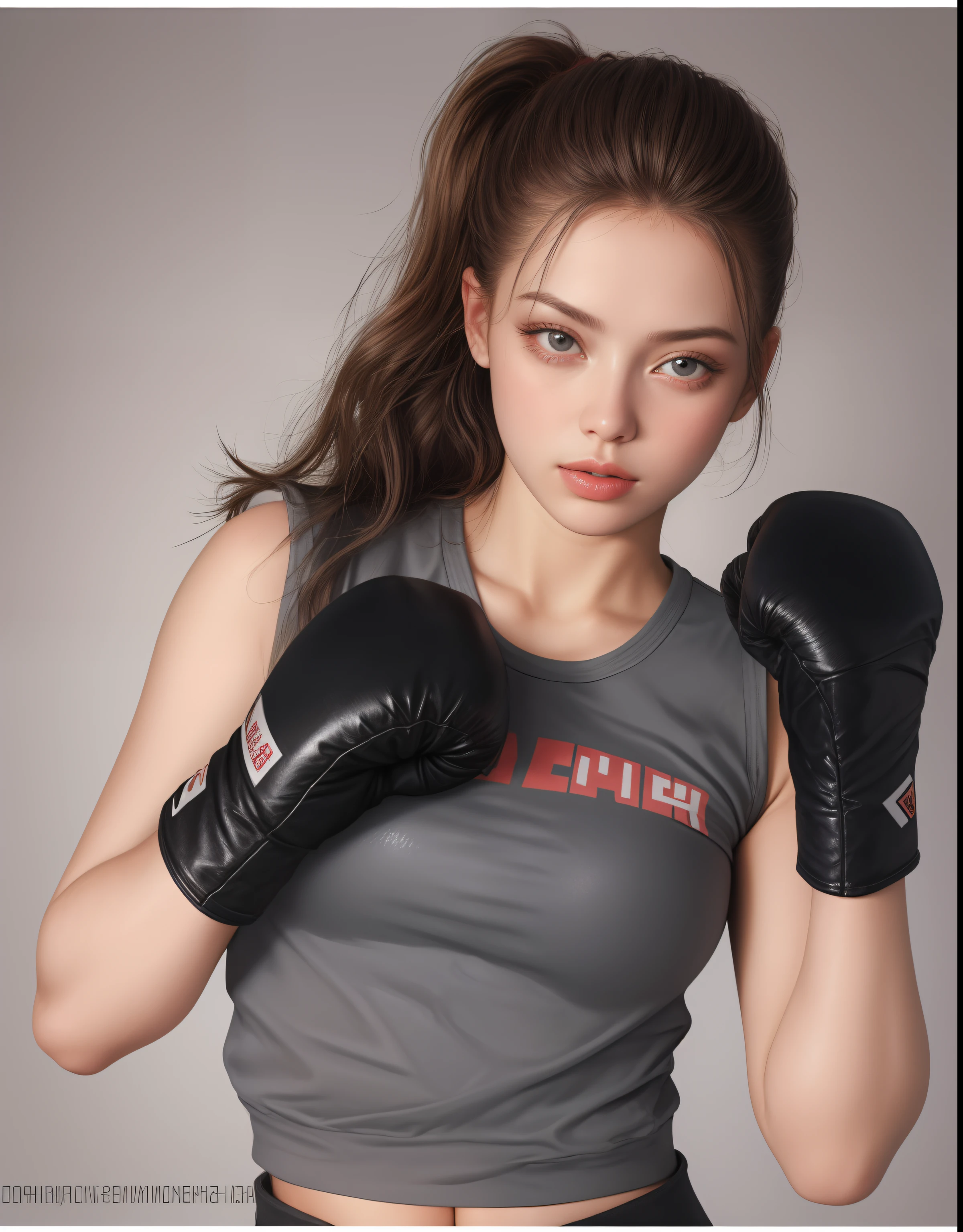 Mujer con camisa gris y guantes de boxeo negros, Retrato Sophie Mudd, Guantes de boxeo, Dasha Taran, Julia Gorokhova, Olga Buzova, Alina Ivanchenko, Posar listo para una pelea, Anna Nikonova, sofya emelenko, Postura de boxeo, Anna Nikolanova aka Newmilky, Viktoria Gavrilenko