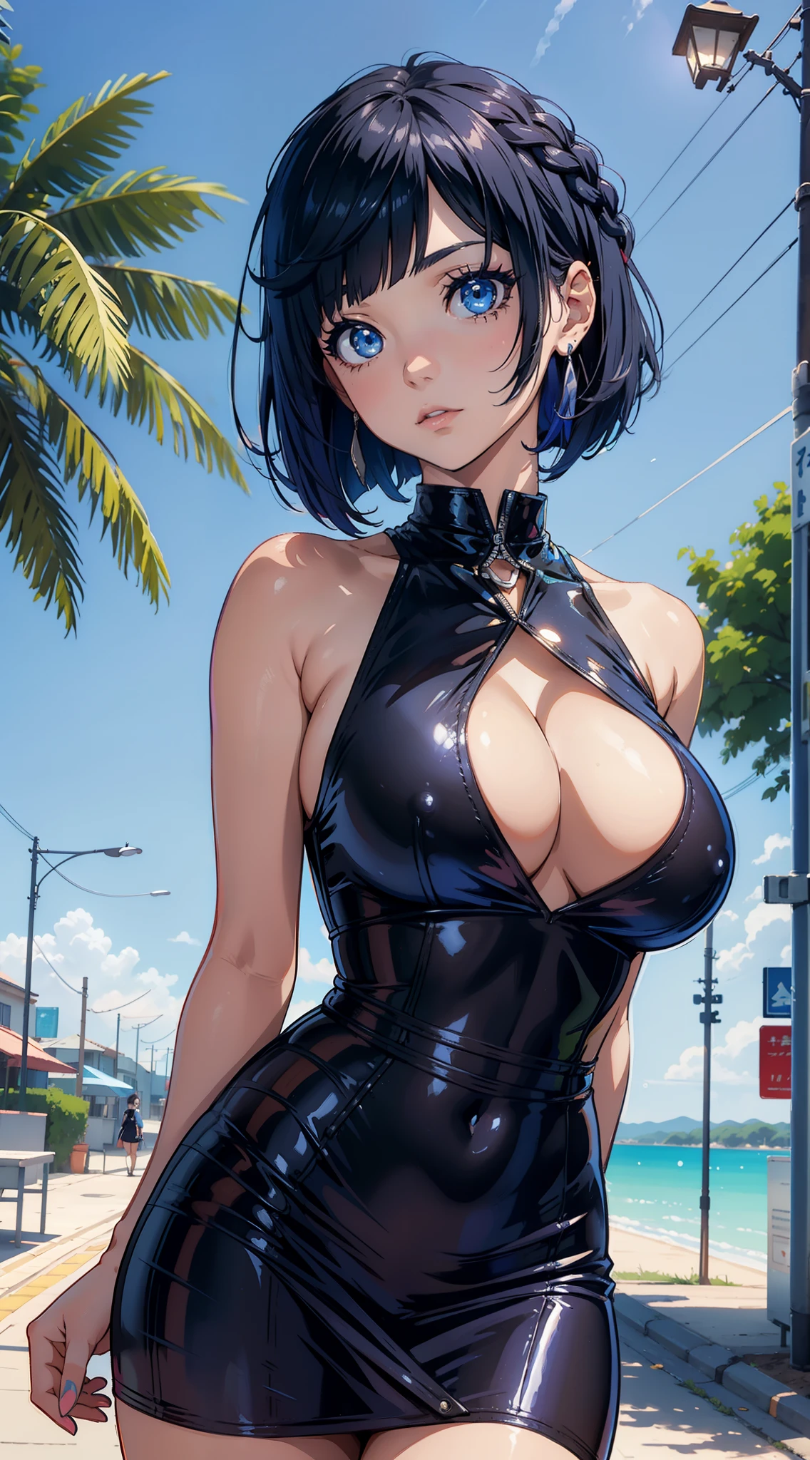 Yelan Short haired Cute anime Girl standing in front of a blue sky with hands behind back, tan, latex dress, large breasts, painted nails, anime eyes