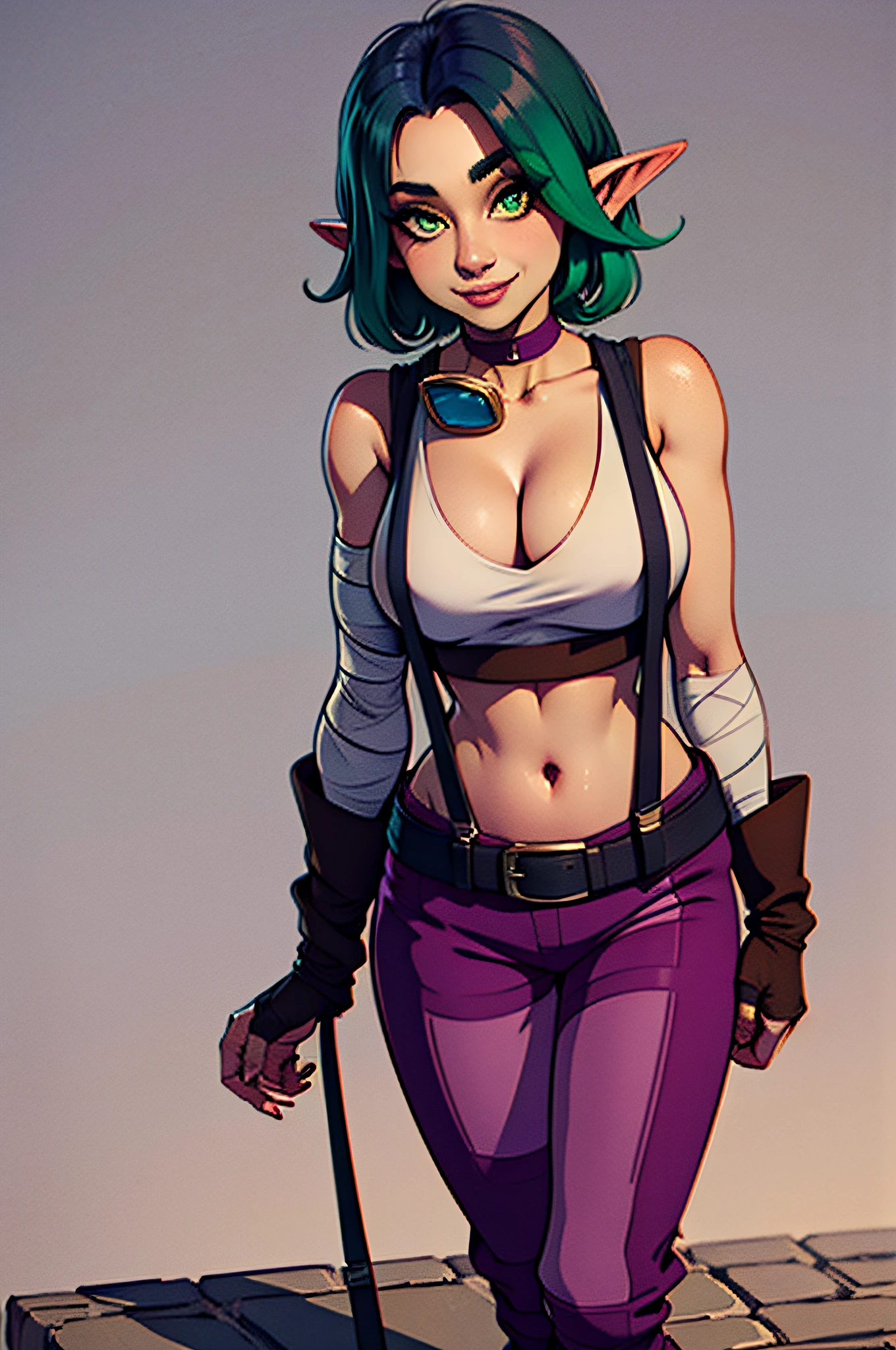 Kiera, two-tone green hair, pointy ears, green eyes, Kieout, cleavage, ,suspenders, white crop top ,belt, bare shoulders, bandages, purple pants, midriff, brown fingerless gloves, brown shoes, 1girl, solo, facing viewer, looking at viewer, smile