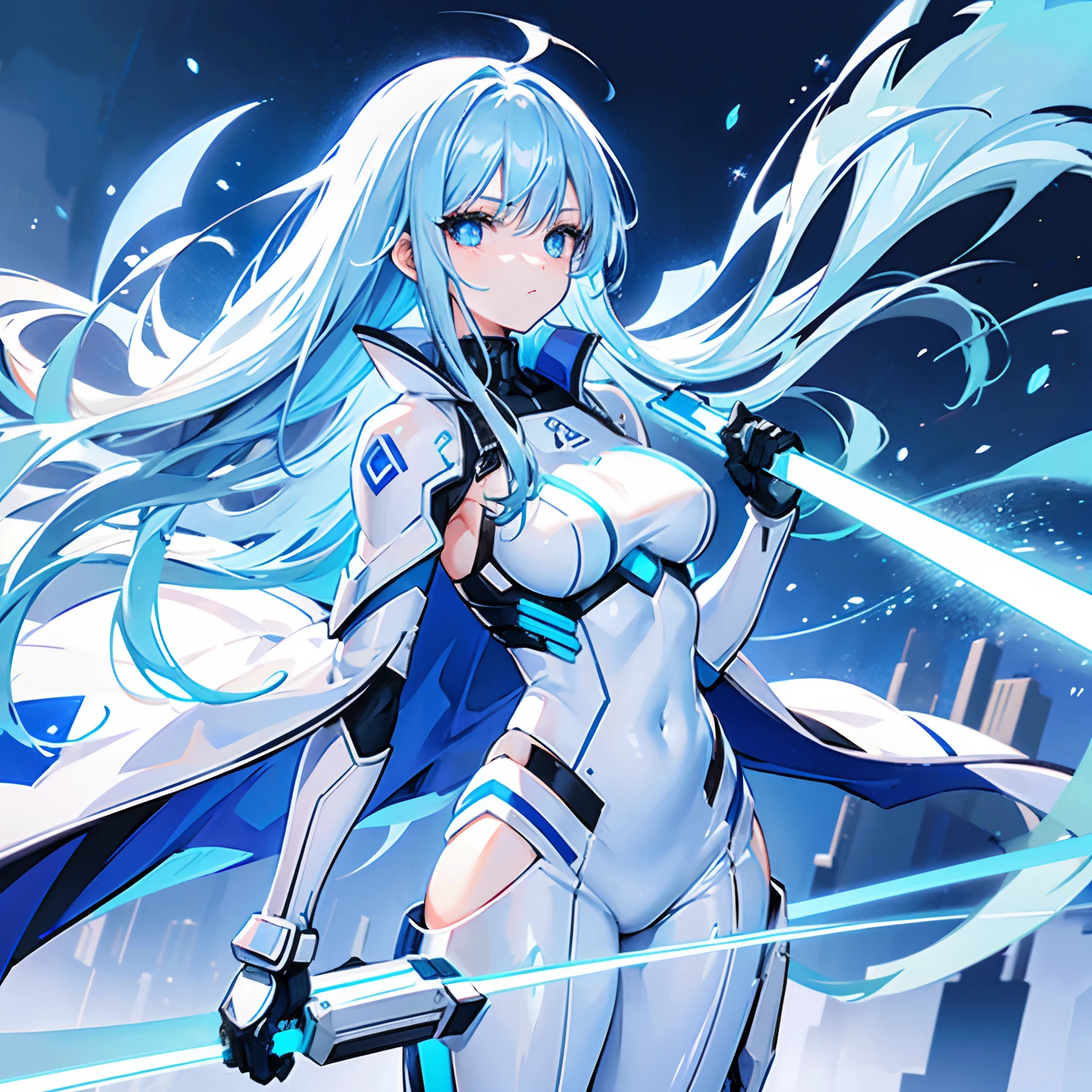 Cold girl White pupils Aqua blue hair Long hair Cold expression，White jumpsuit，High-tech armor，Laser sword in hand，frontage，frontal photos，full-body photo on the front，All body，Background city，with blue sky and white clouds